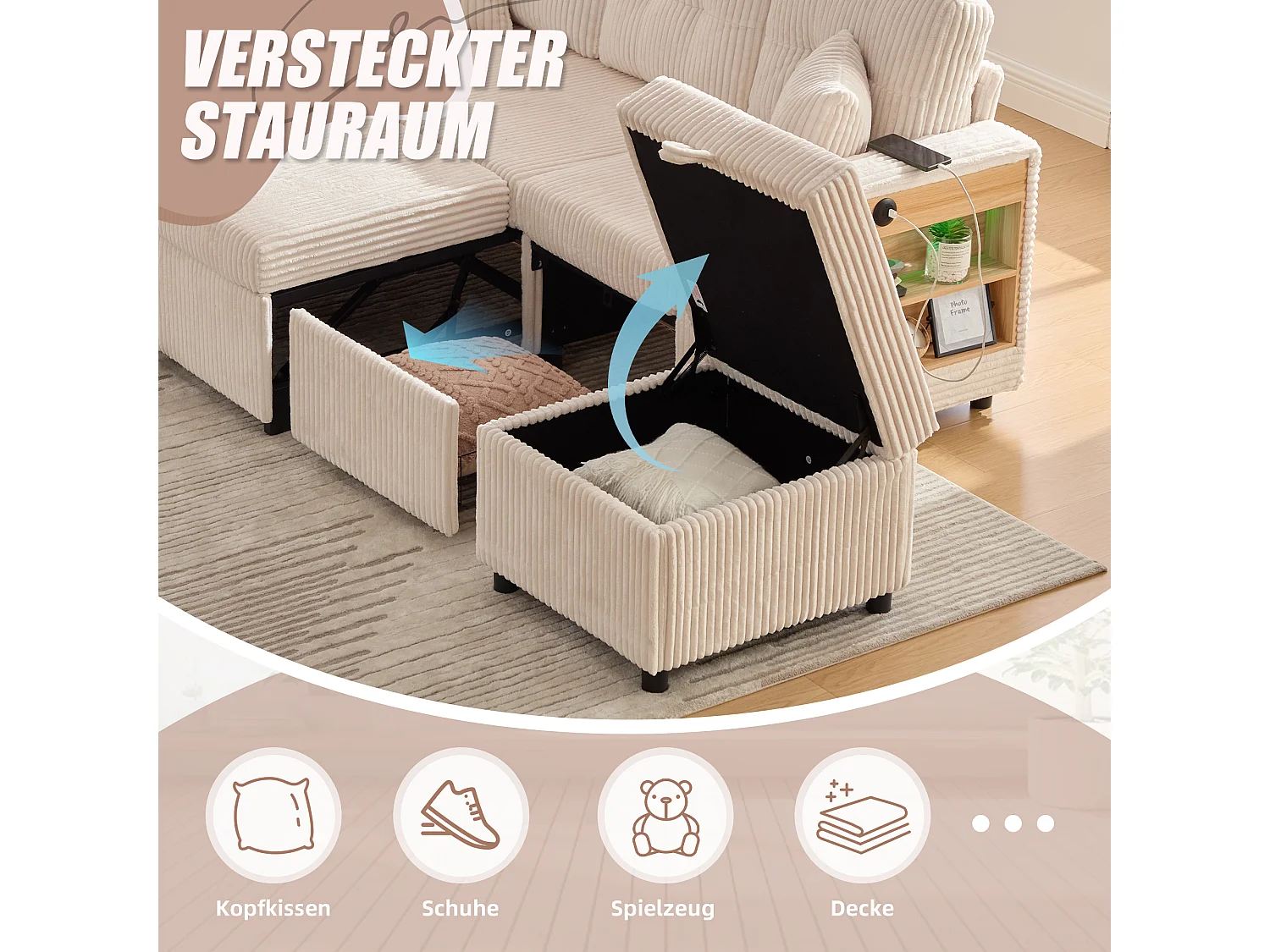 Canapé convertible 3 places - avec rangement et lit gigogne + USB + Leds + porte-gobelets - velours - beige