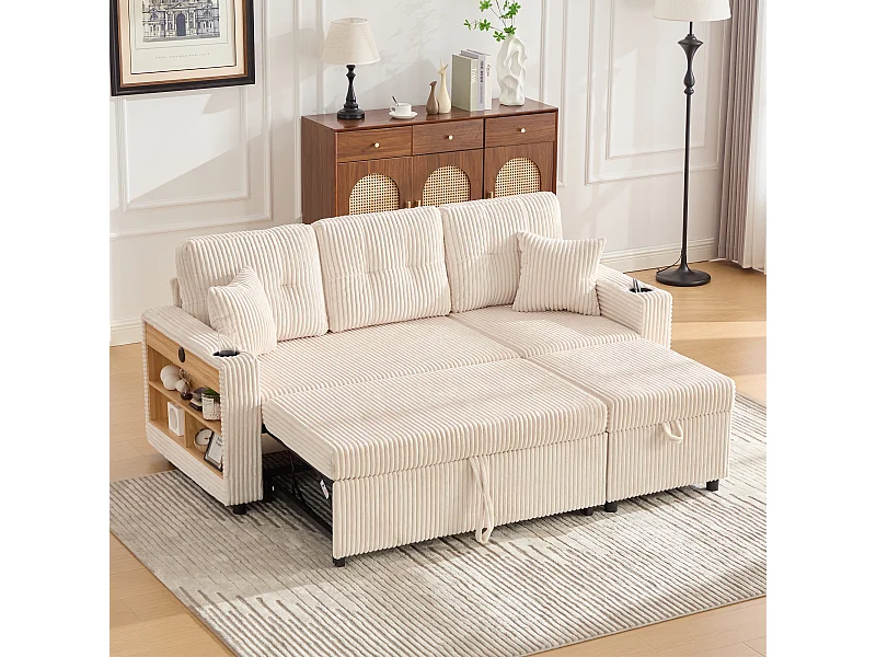 Canapé convertible 3 places - avec rangement et lit gigogne + USB + Leds + porte-gobelets - velours - beige