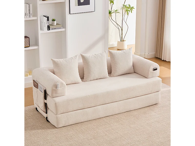 Canapé convertible 3 places - 200 x 94 x 67 cm - avec poches latérales + 3 coussins - velours - beige