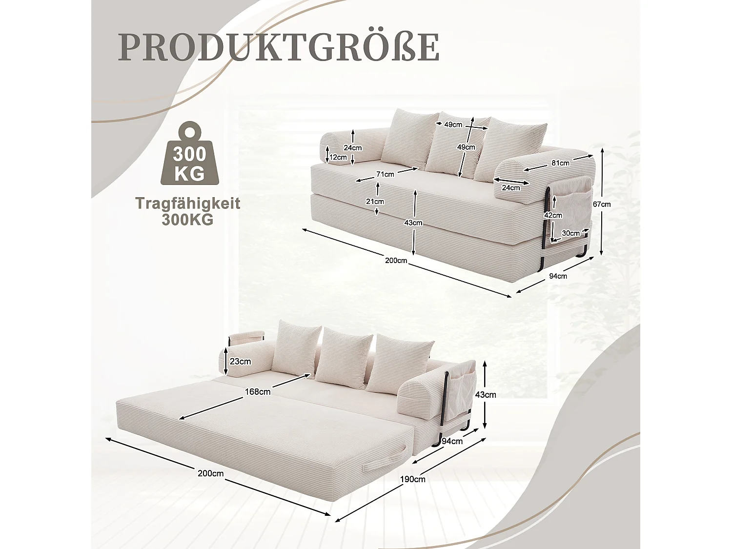 Canapé convertible 3 places - 200 x 94 x 67 cm - avec poches latérales + 3 coussins - velours - beige