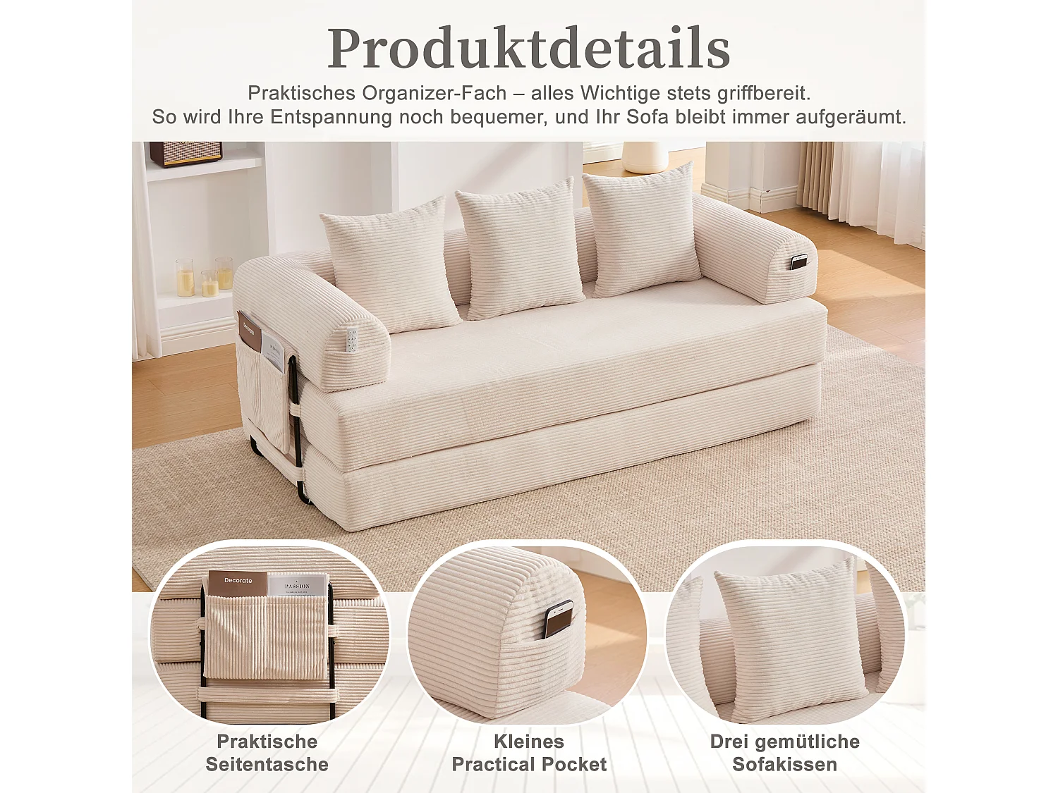 Canapé convertible 3 places - 200 x 94 x 67 cm - avec poches latérales + 3 coussins - velours - beige