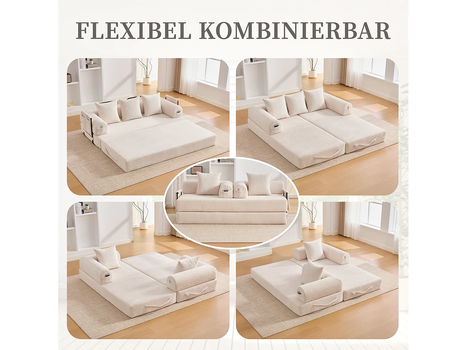 Canapé convertible 3 places - 200 x 94 x 67 cm - avec poches latérales + 3 coussins - velours - beige