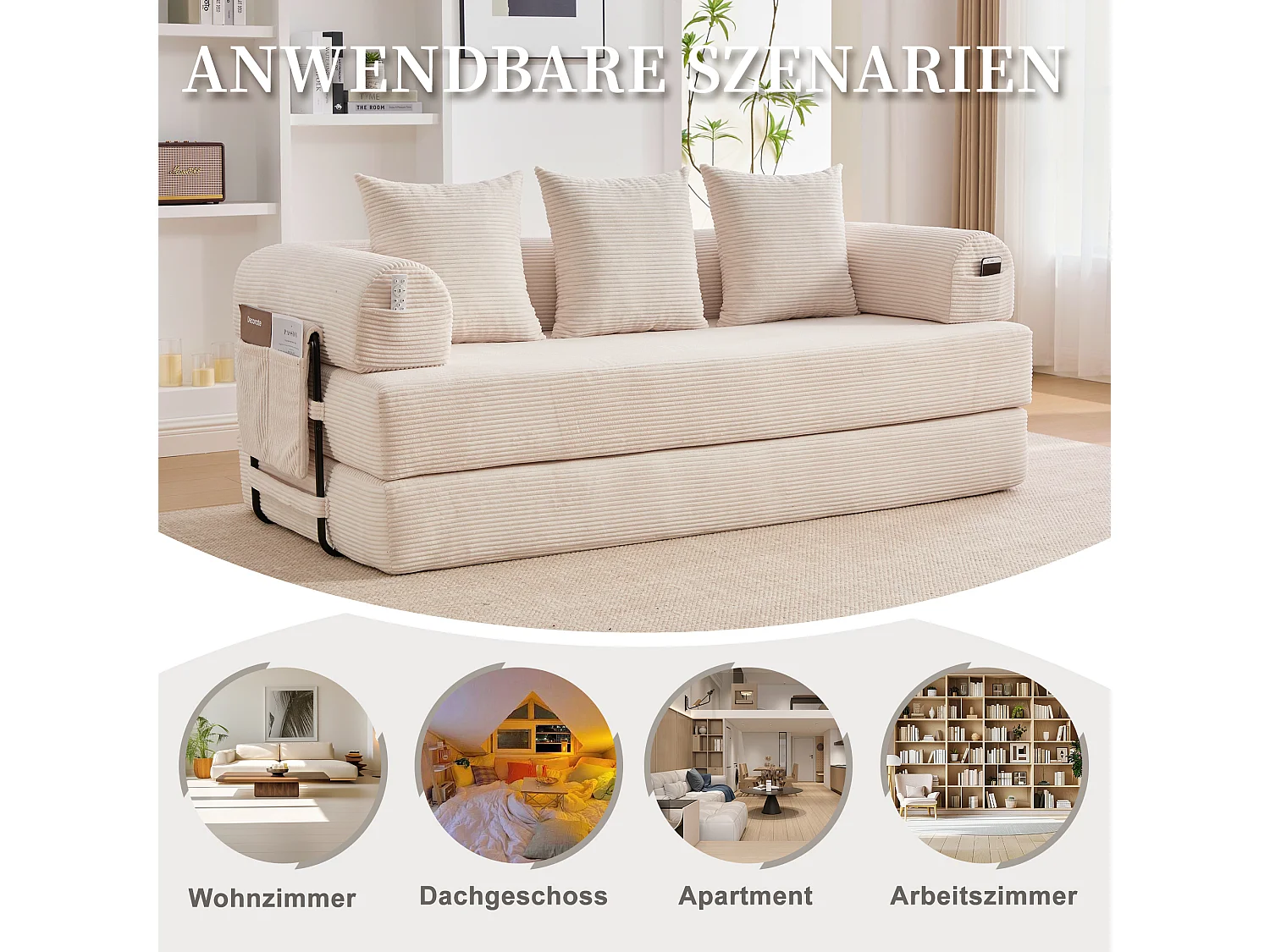 Canapé convertible 3 places - 200 x 94 x 67 cm - avec poches latérales + 3 coussins - velours - beige