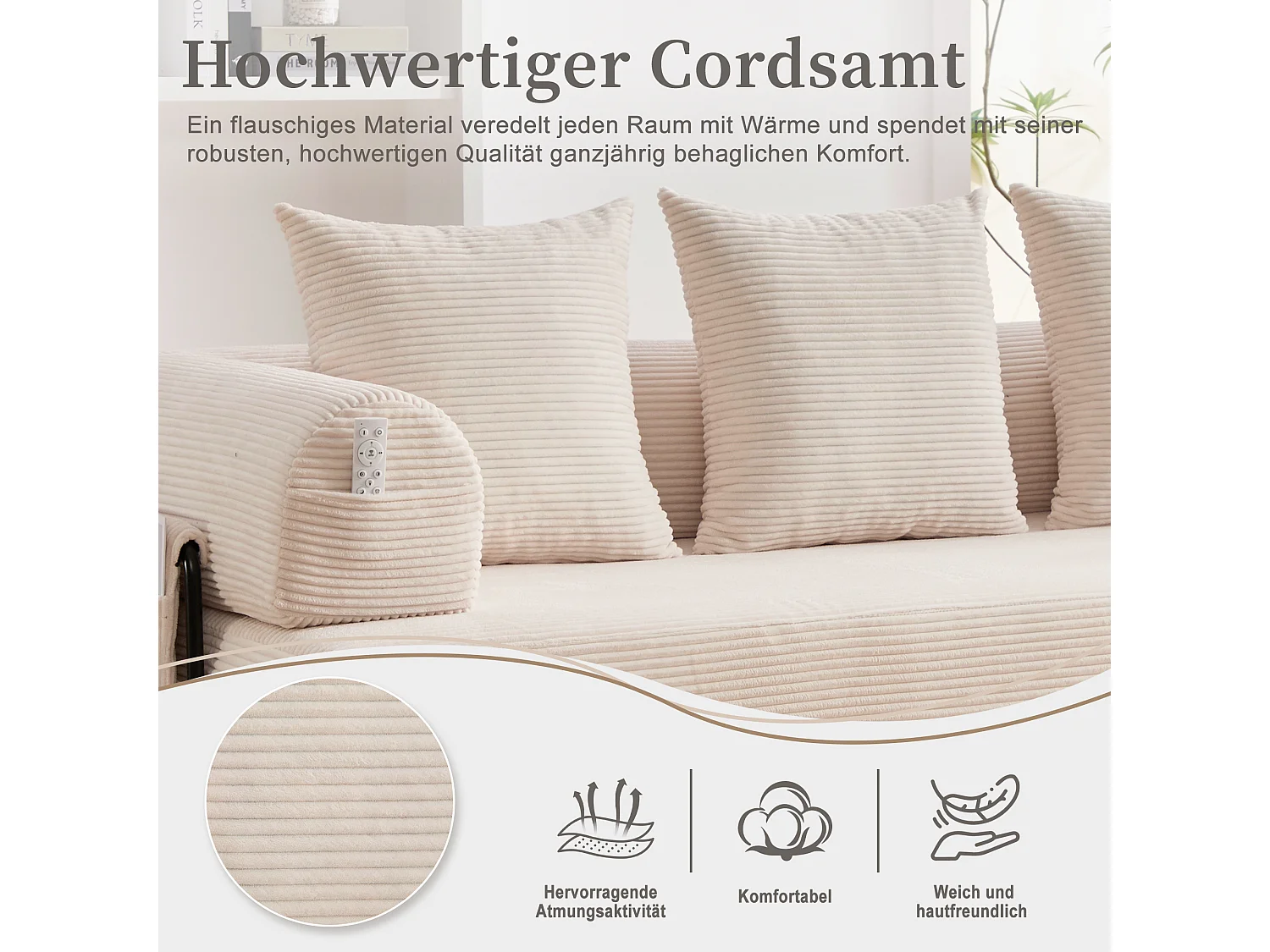 Canapé convertible 3 places - 200 x 94 x 67 cm - avec poches latérales + 3 coussins - velours - beige