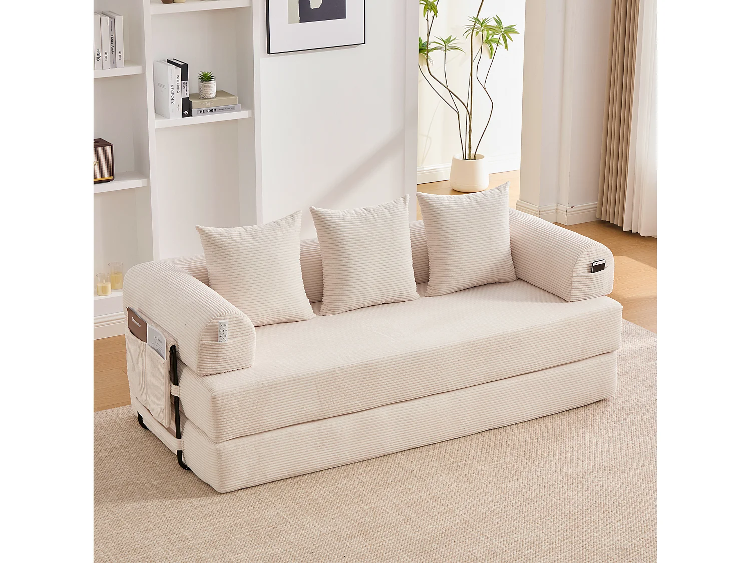 Divano letto 3 posti - 200 x 94 x 67 cm - con tasche laterali + 3 cuscini - velluto - beige