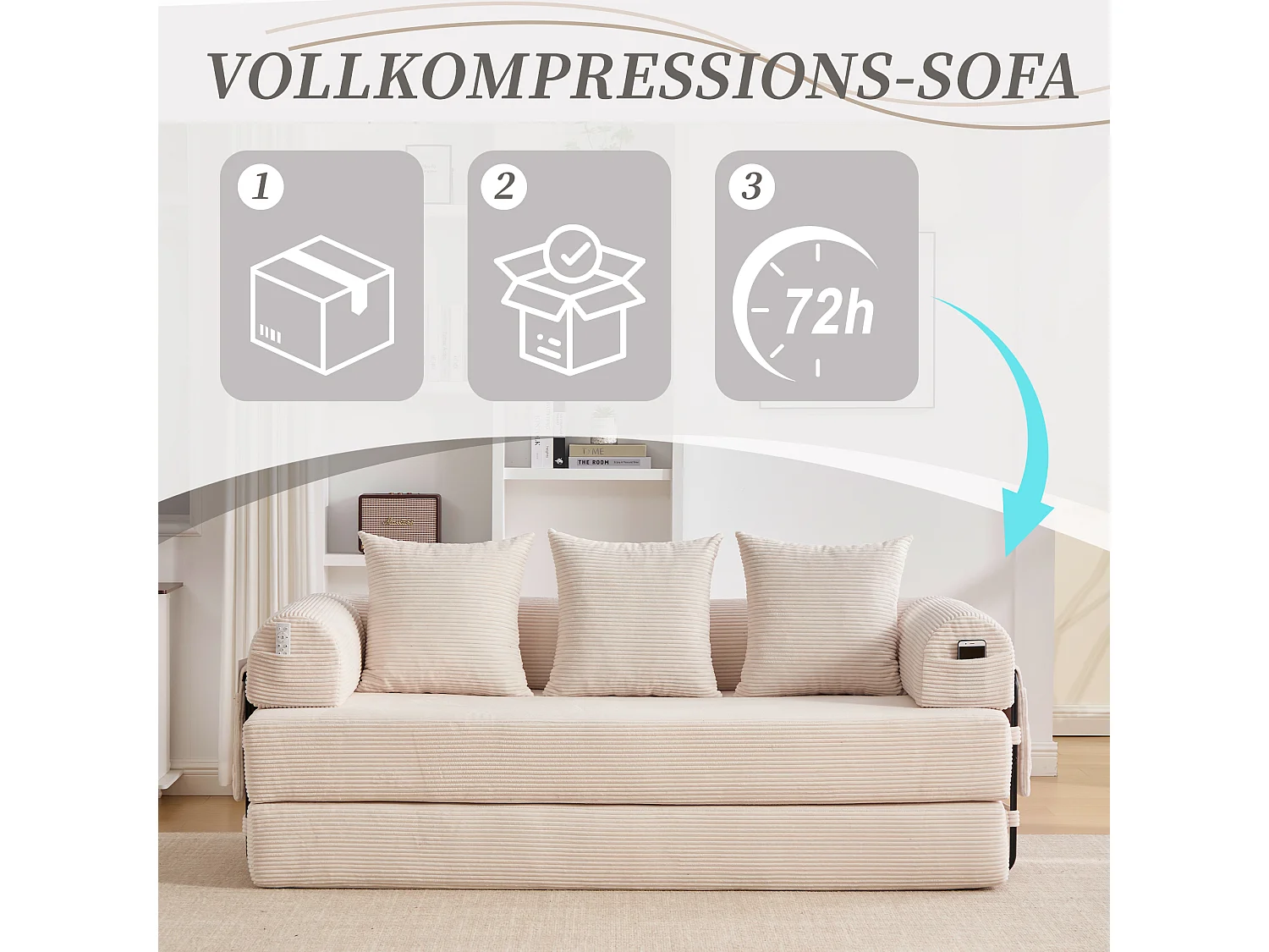 Divano letto 3 posti - 200 x 94 x 67 cm - con tasche laterali + 3 cuscini - velluto - beige