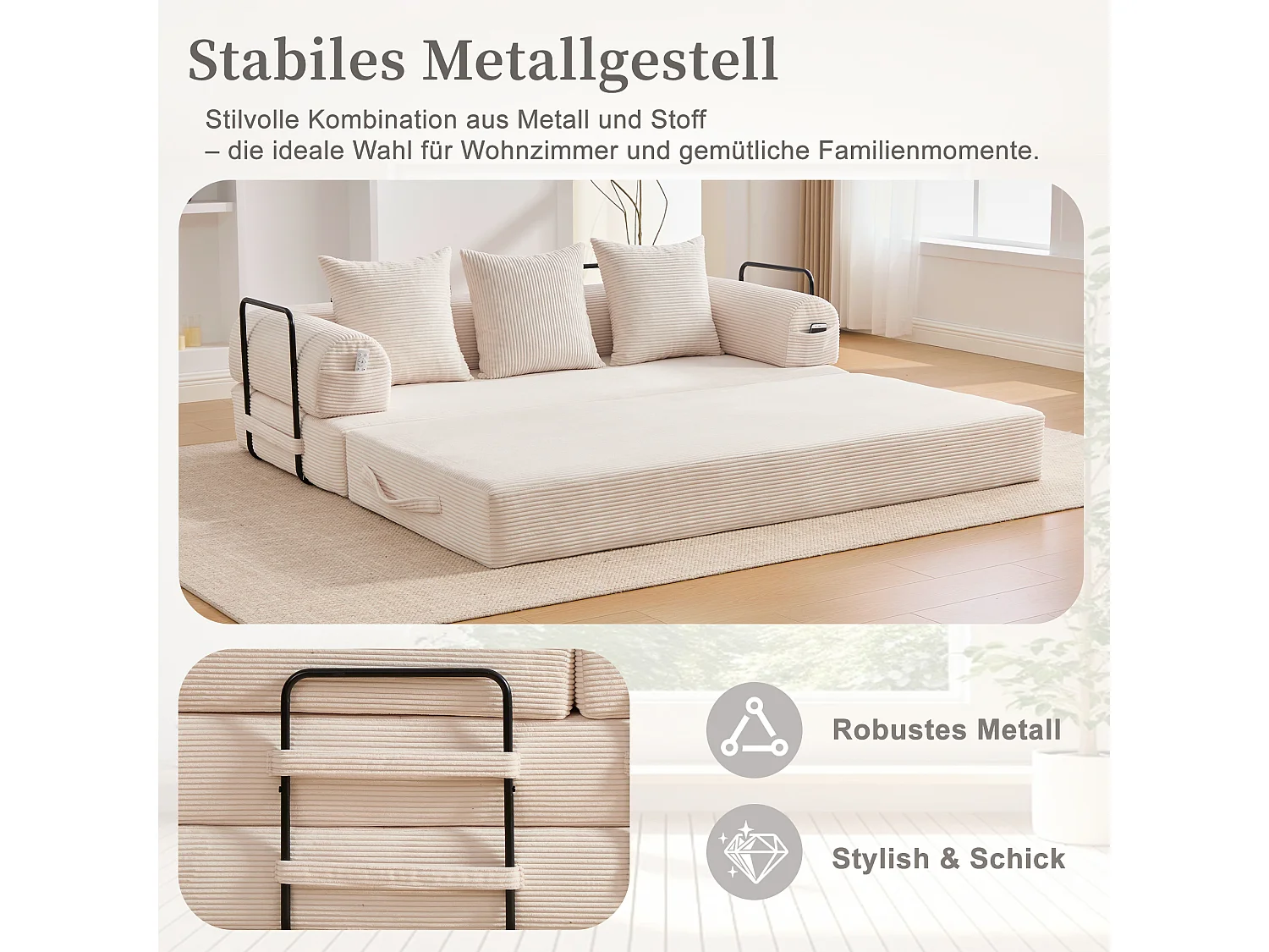 Divano letto 3 posti - 200 x 94 x 67 cm - con tasche laterali + 3 cuscini - velluto - beige