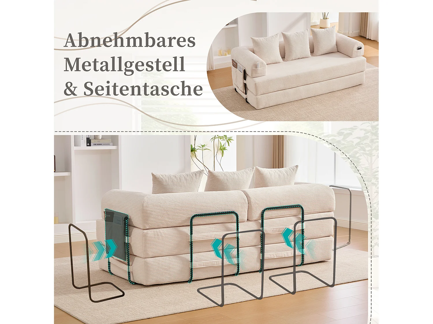 Divano letto 3 posti - 200 x 94 x 67 cm - con tasche laterali + 3 cuscini - velluto - beige