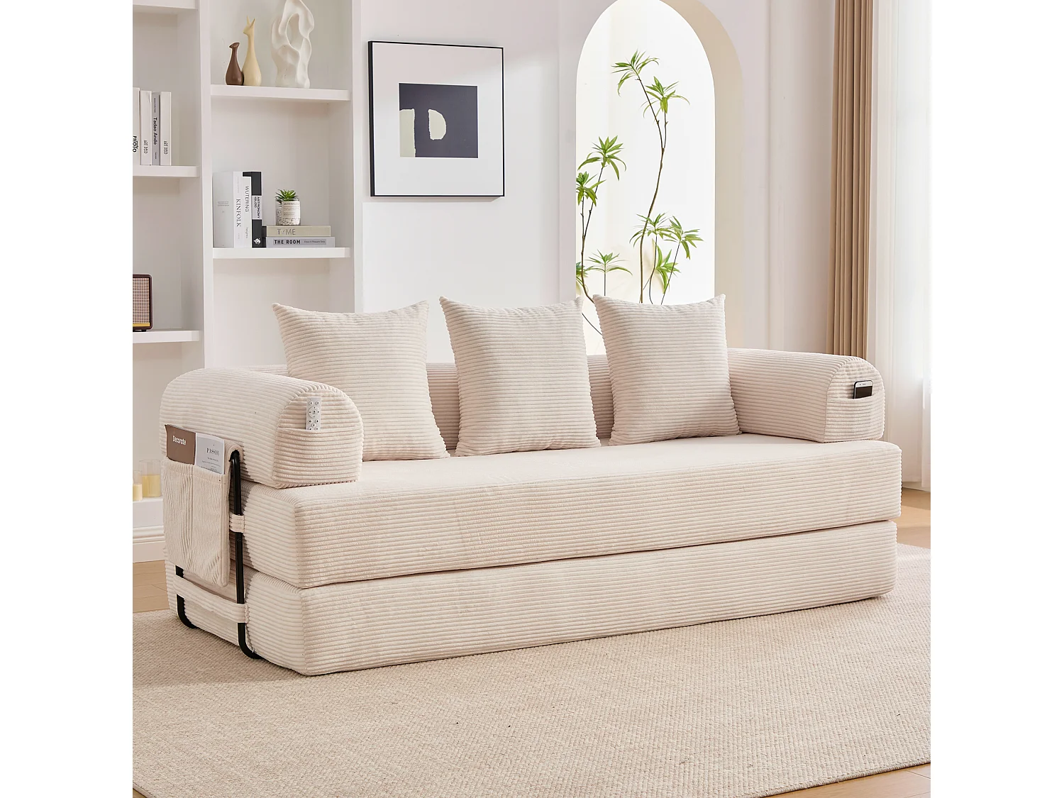 Divano letto 3 posti - 200 x 94 x 67 cm - con tasche laterali + 3 cuscini - velluto - beige