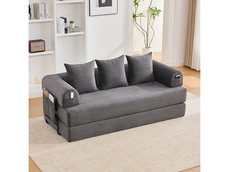 Canapé convertible 3 places - 200 x 94 x 67 cm - avec poches latérales + 3 coussins - velours - gris foncé