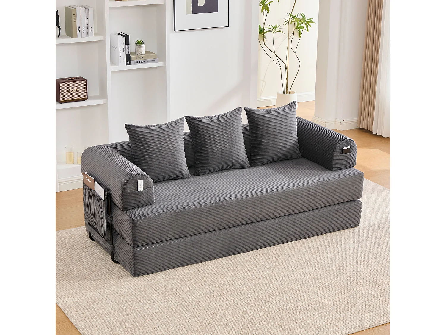 Divano letto 3 posti - 200 x 94 x 67 cm - con tasche laterali + 3 cuscini - velluto - grigio scuro