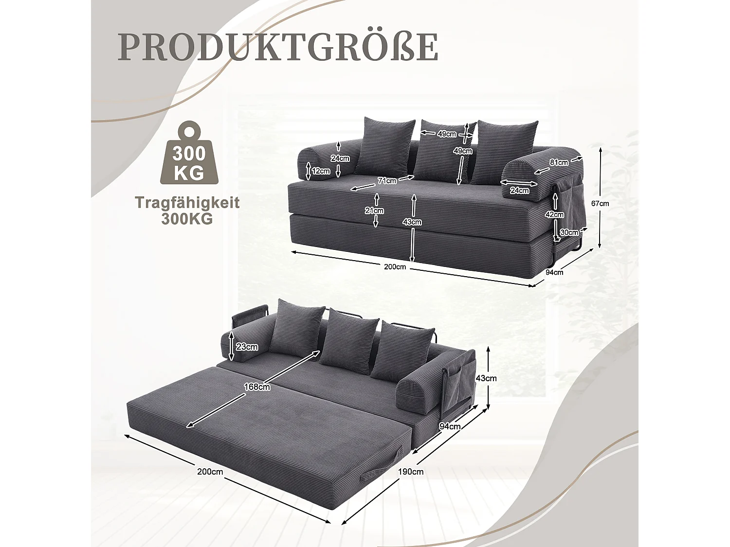 Divano letto 3 posti - 200 x 94 x 67 cm - con tasche laterali + 3 cuscini - velluto - grigio scuro