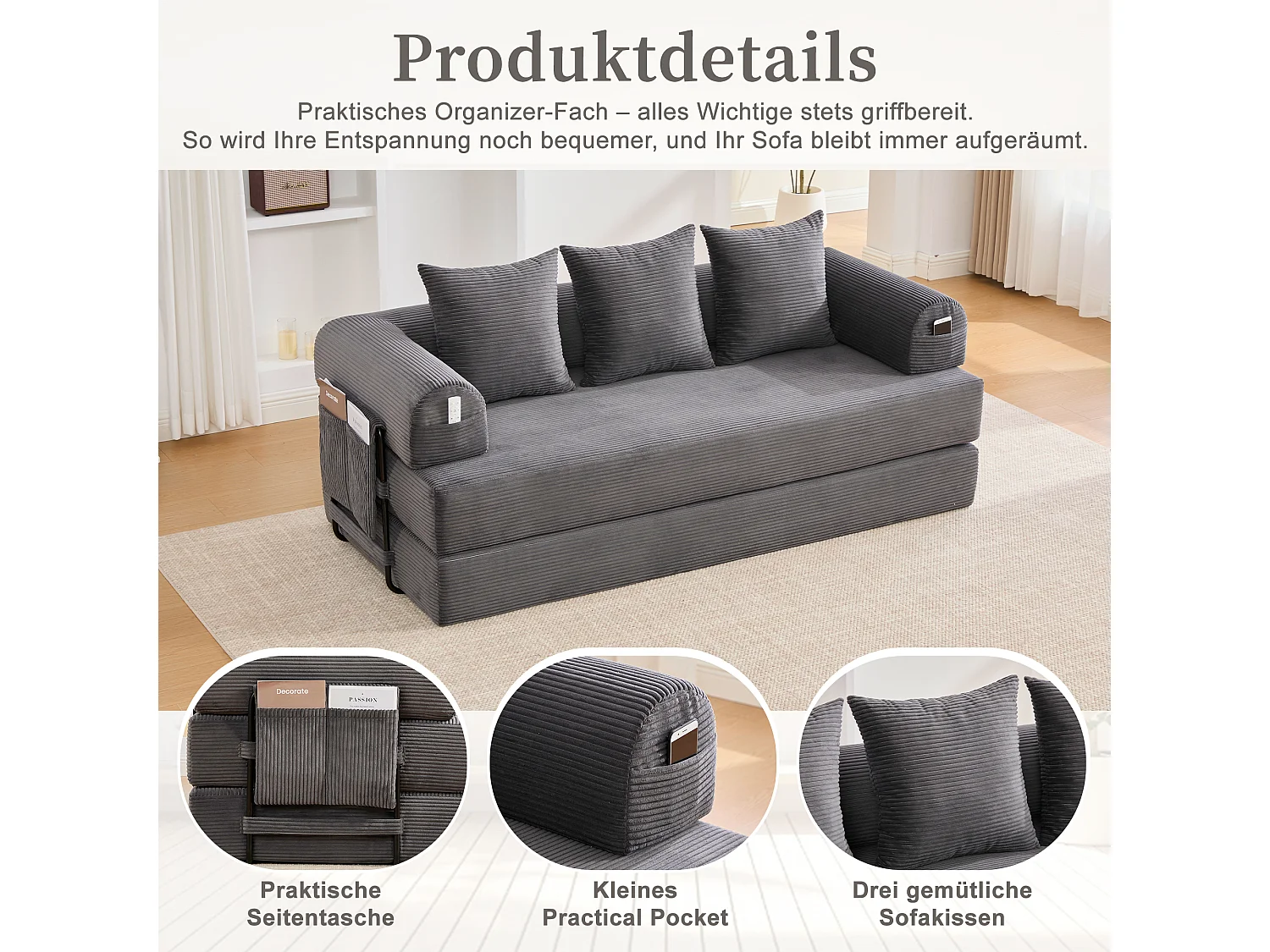 Divano letto 3 posti - 200 x 94 x 67 cm - con tasche laterali + 3 cuscini - velluto - grigio scuro