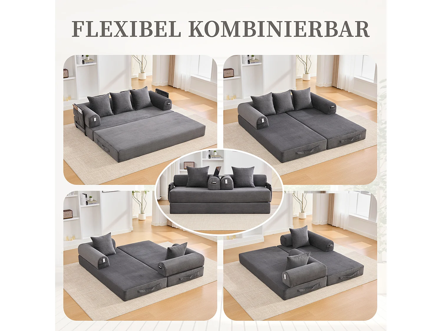 Divano letto 3 posti - 200 x 94 x 67 cm - con tasche laterali + 3 cuscini - velluto - grigio scuro