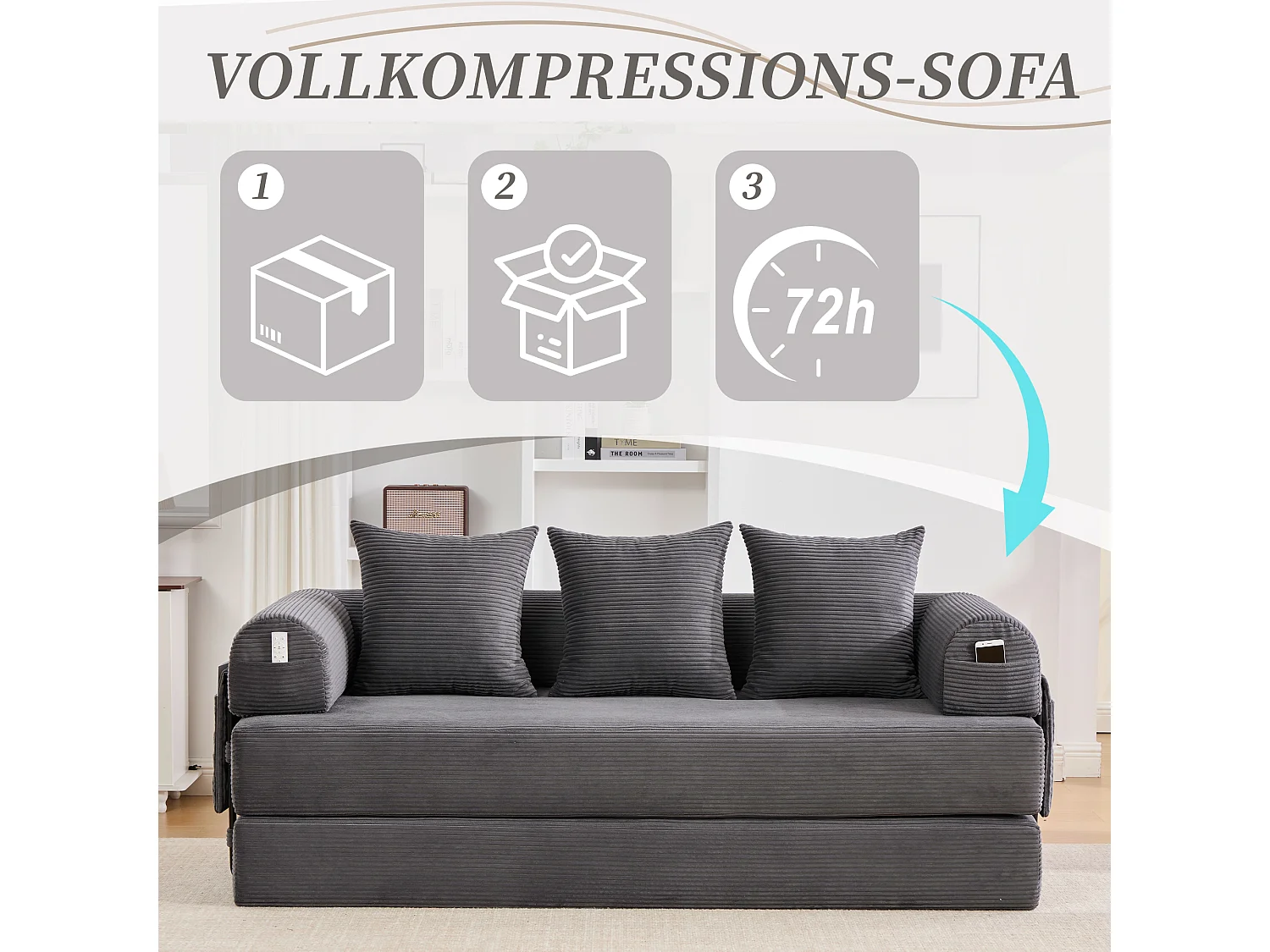 Divano letto 3 posti - 200 x 94 x 67 cm - con tasche laterali + 3 cuscini - velluto - grigio scuro