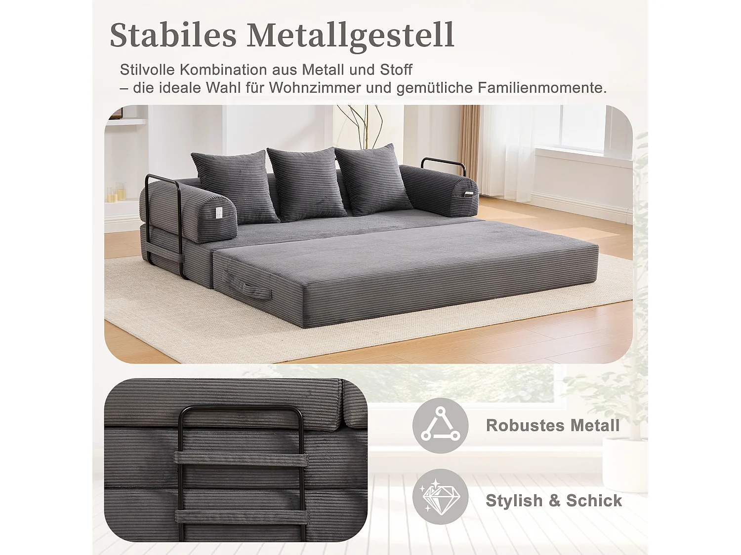 Divano letto 3 posti - 200 x 94 x 67 cm - con tasche laterali + 3 cuscini - velluto - grigio scuro