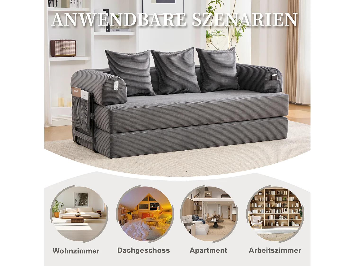 Divano letto 3 posti - 200 x 94 x 67 cm - con tasche laterali + 3 cuscini - velluto - grigio scuro