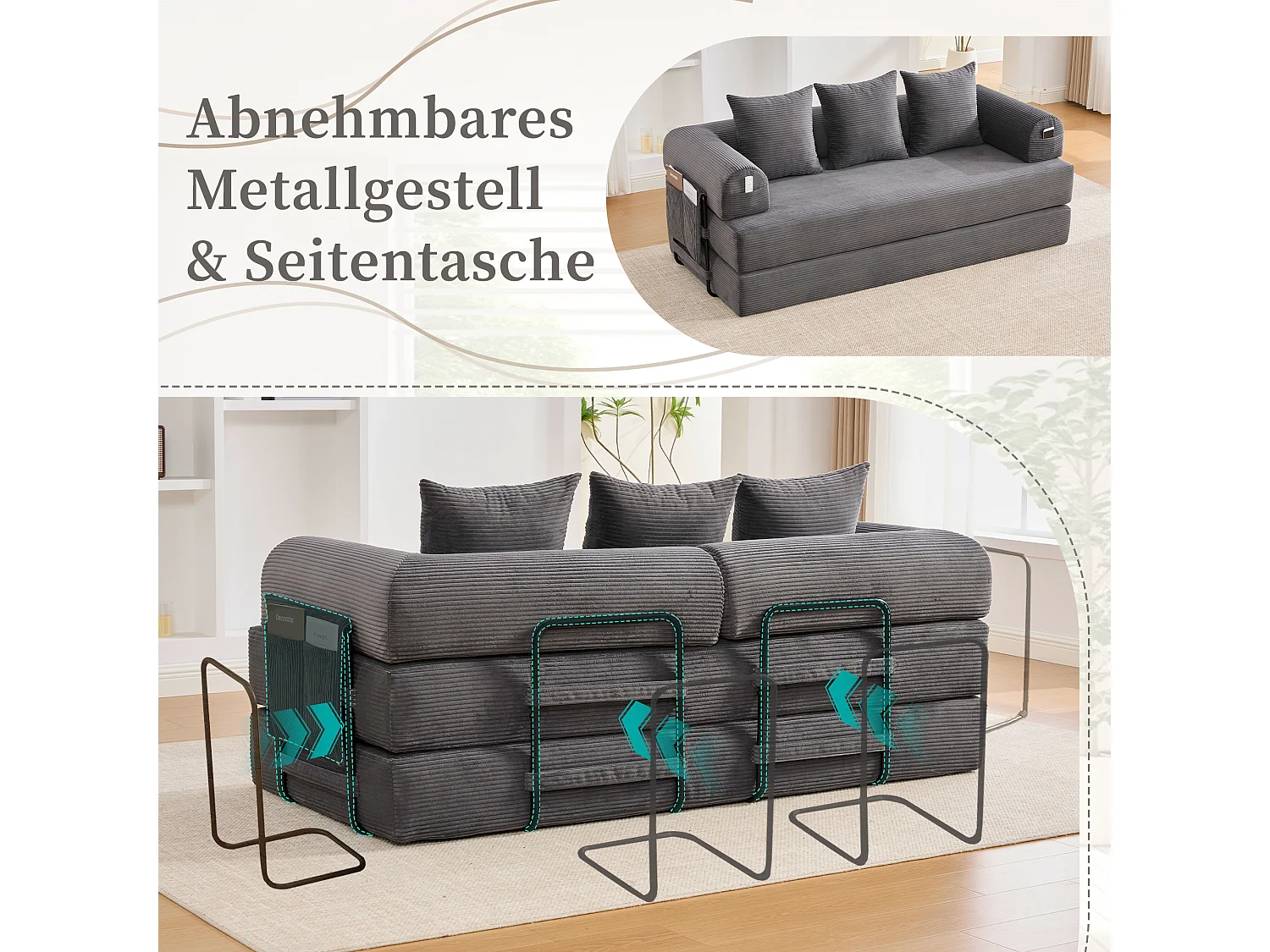 Divano letto 3 posti - 200 x 94 x 67 cm - con tasche laterali + 3 cuscini - velluto - grigio scuro