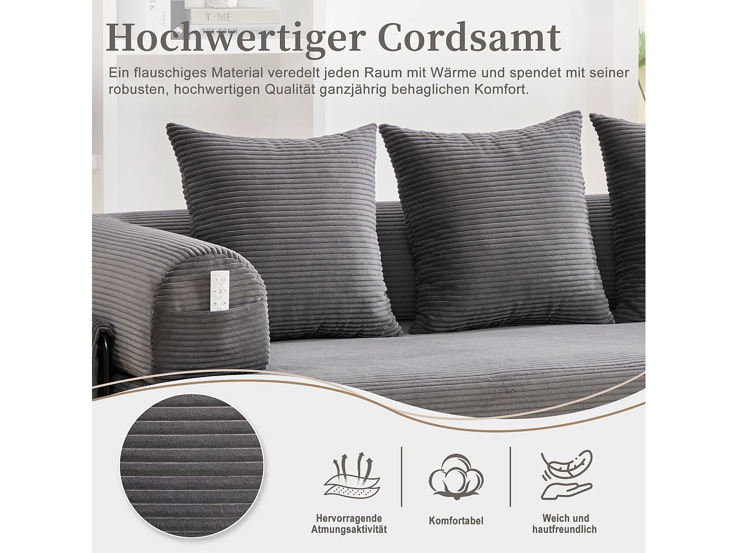 Divano letto 3 posti - 200 x 94 x 67 cm - con tasche laterali + 3 cuscini - velluto - grigio scuro