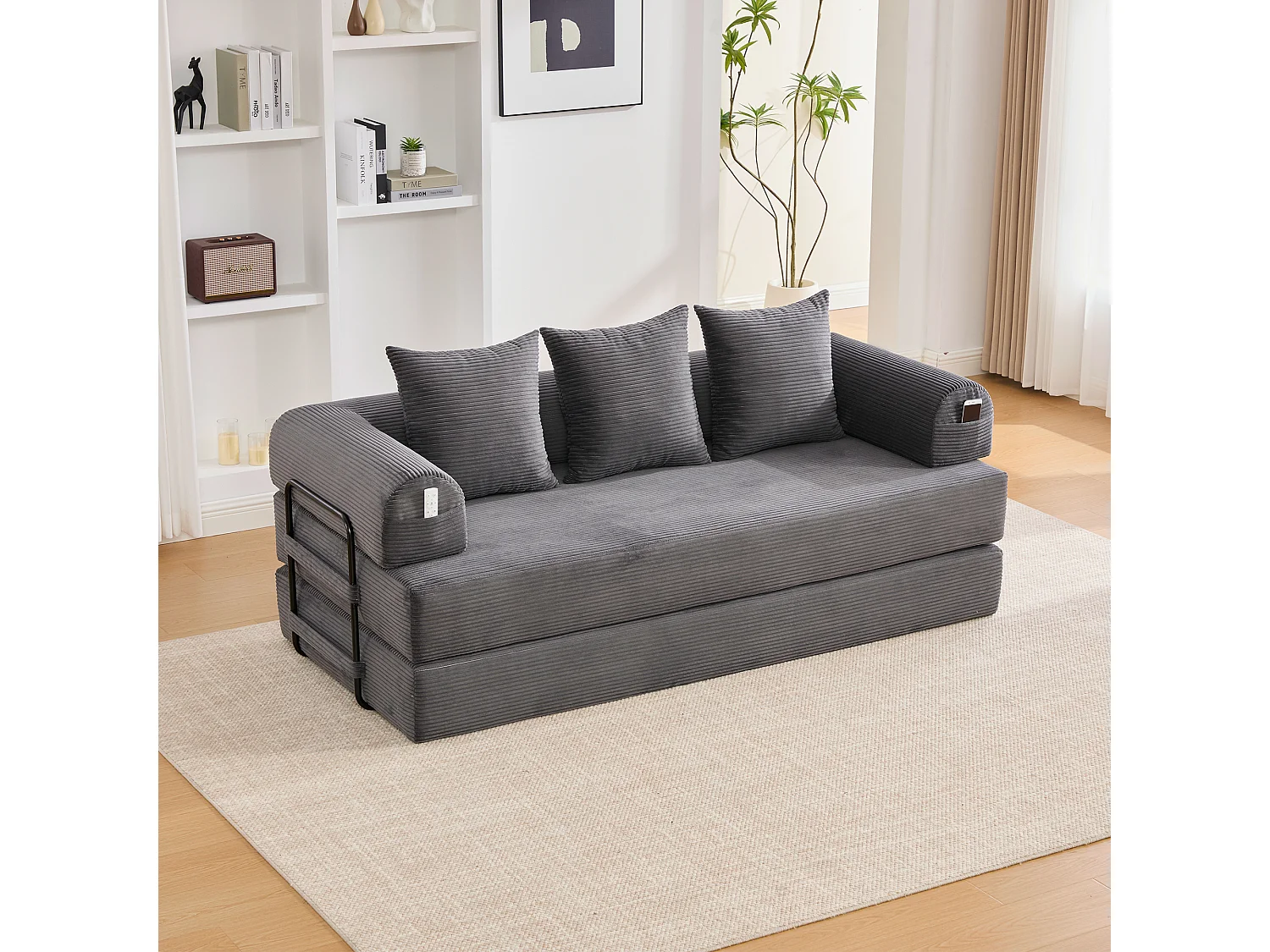Divano letto 3 posti - 200 x 94 x 67 cm - con tasche laterali + 3 cuscini - velluto - grigio scuro