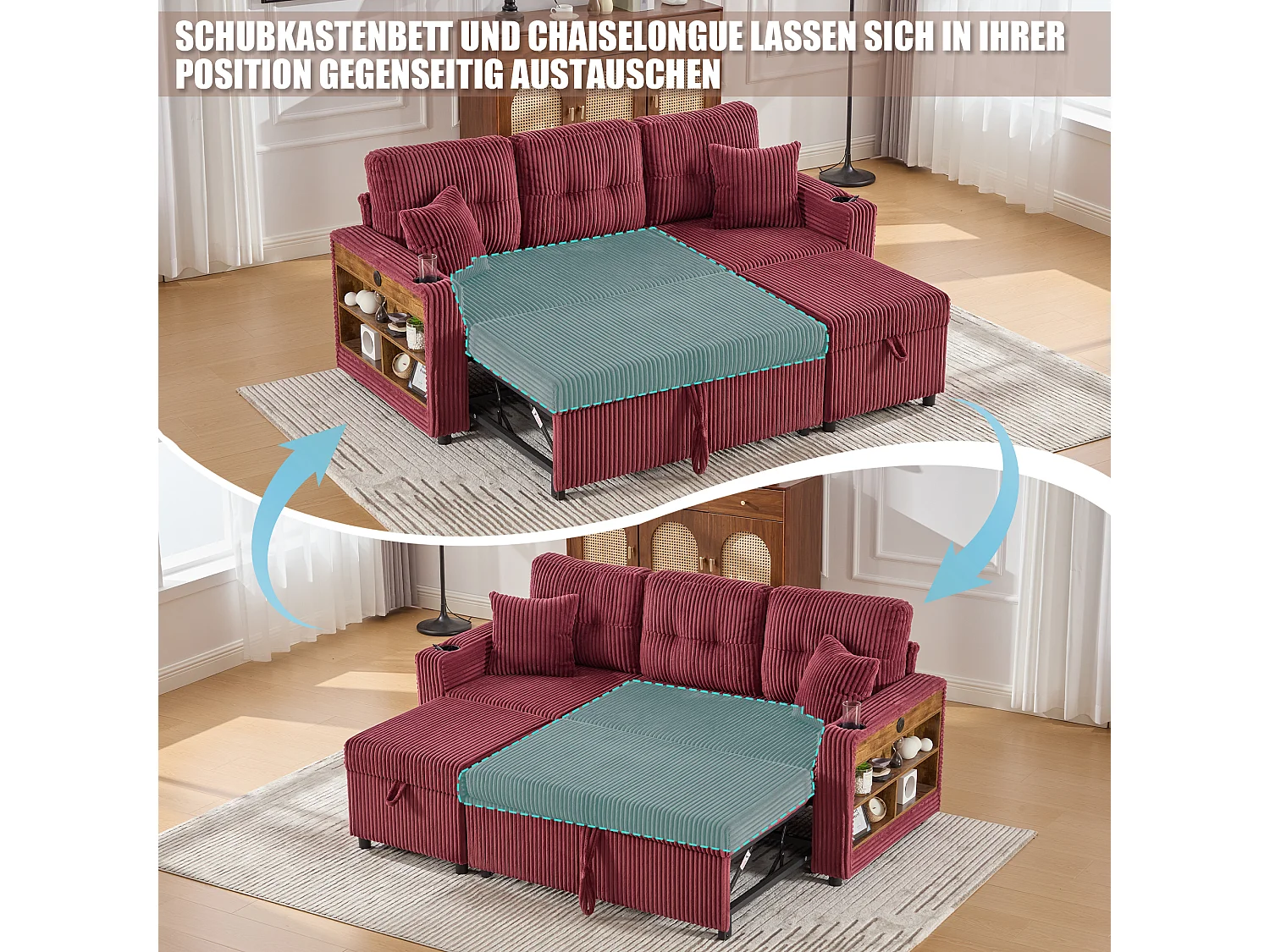 Sofá conversível de 3 lugares - com espaço de armazenamento e cama retrátil + USB + LEDs + porta-copos - veludo - vermelho