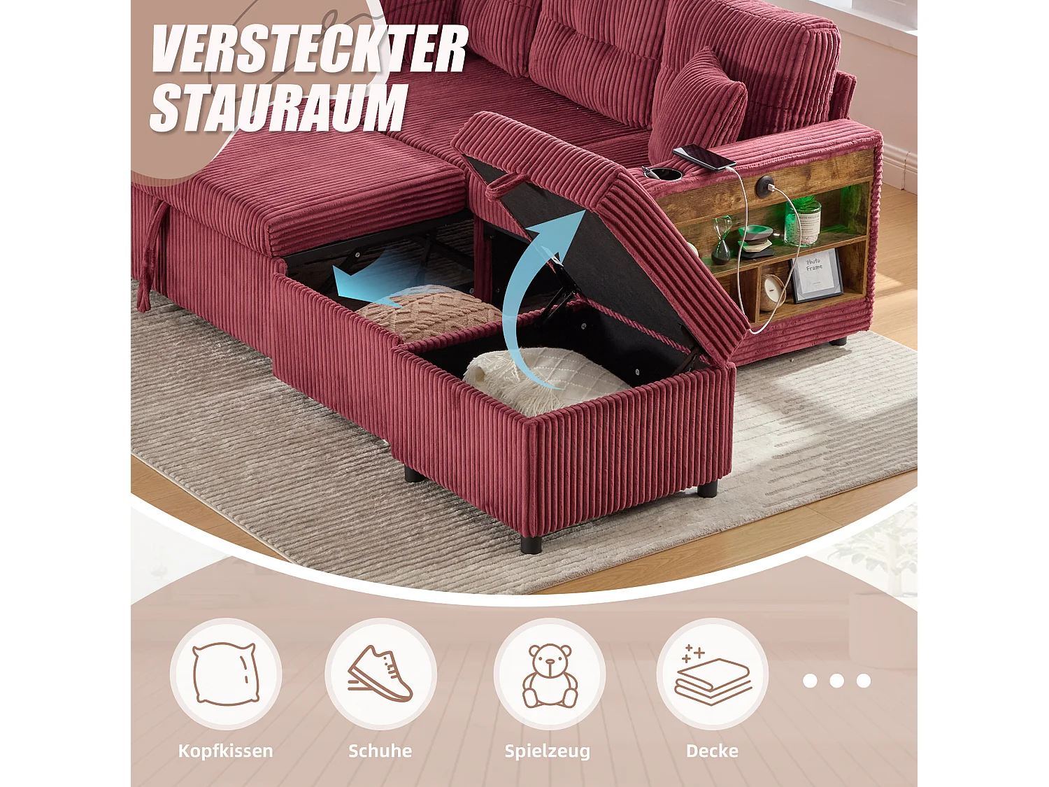 Sofá conversível de 3 lugares - com espaço de armazenamento e cama retrátil + USB + LEDs + porta-copos - veludo - vermelho