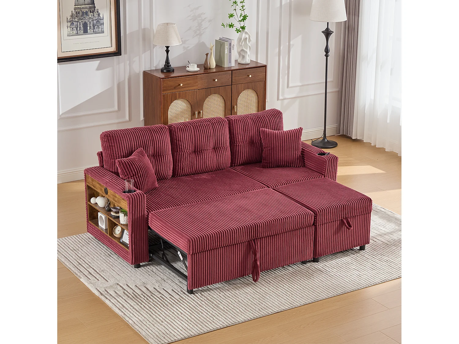 Canapé convertible 3 places - avec rangement et lit gigogne + USB + Leds + porte-gobelets - velours - rouge