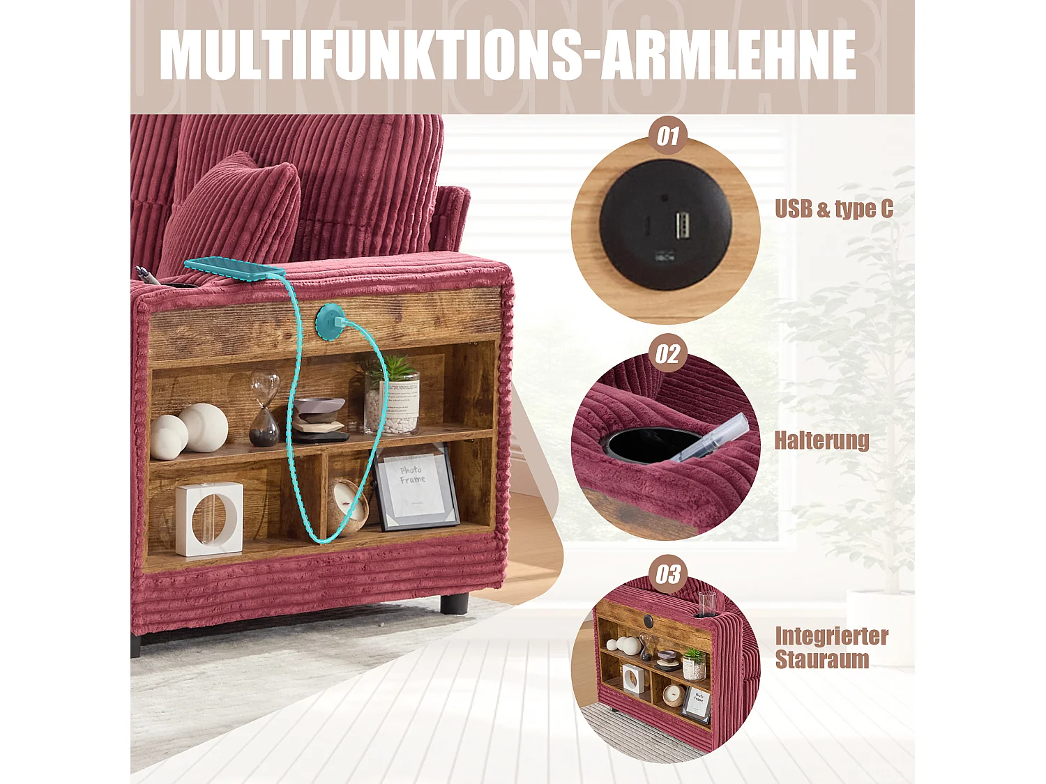 Canapé convertible 3 places - avec rangement et lit gigogne + USB + Leds + porte-gobelets - velours - rouge