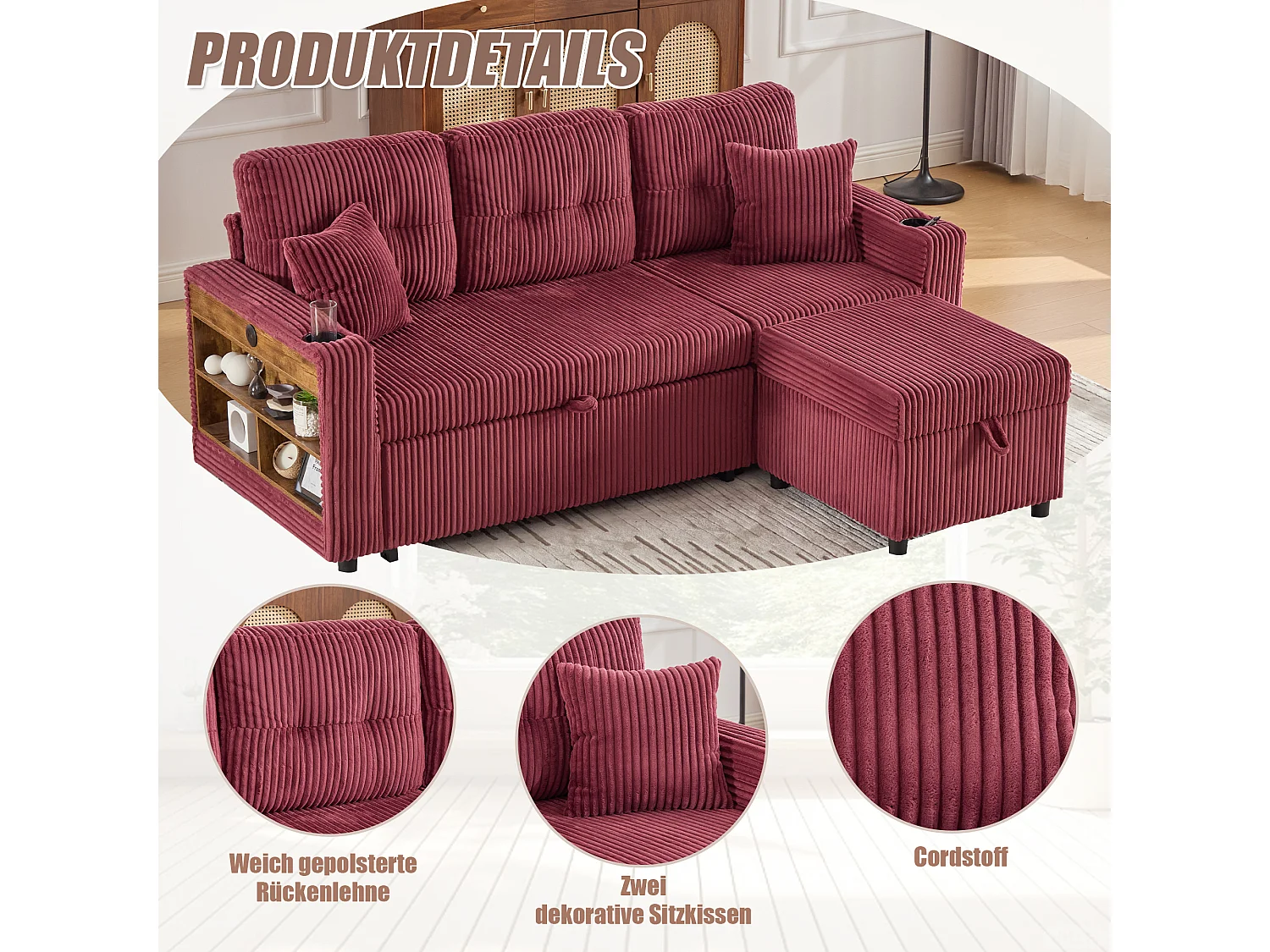 Canapé convertible 3 places - avec rangement et lit gigogne + USB + Leds + porte-gobelets - velours - rouge