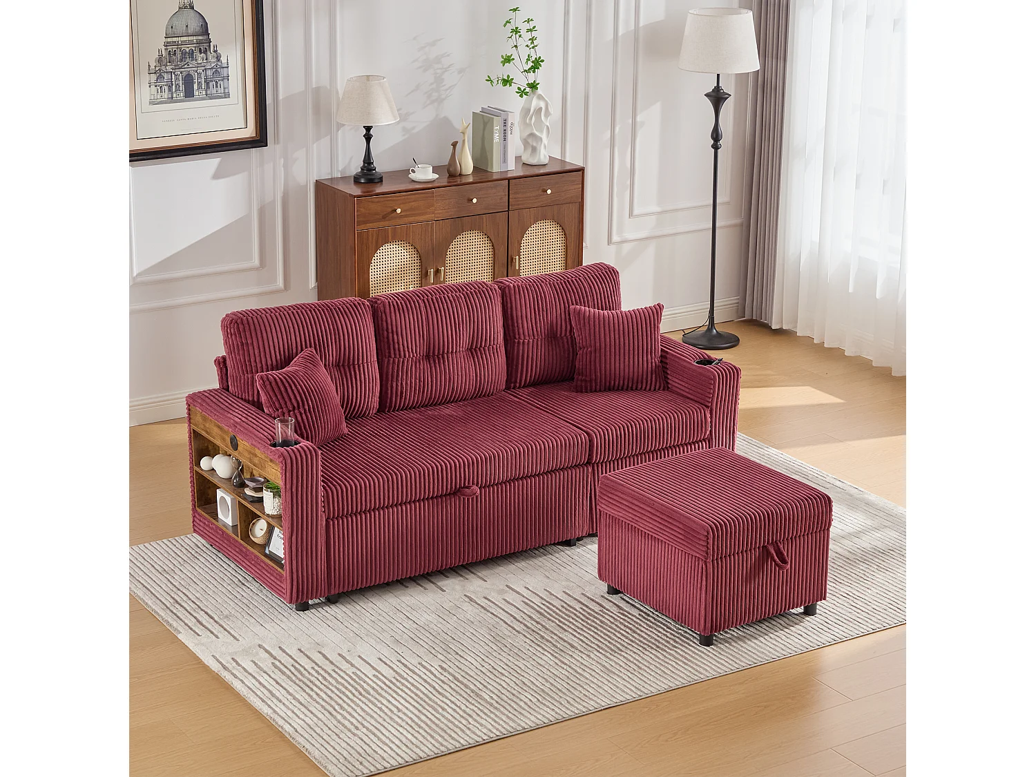 Canapé convertible 3 places - avec rangement et lit gigogne + USB + Leds + porte-gobelets - velours - rouge