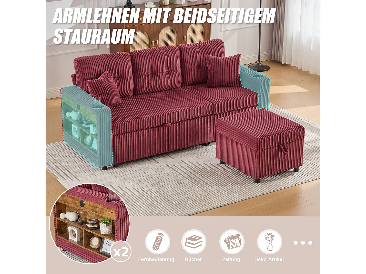 Canapé convertible 3 places - avec rangement et lit gigogne + USB + Leds + porte-gobelets - velours - rouge