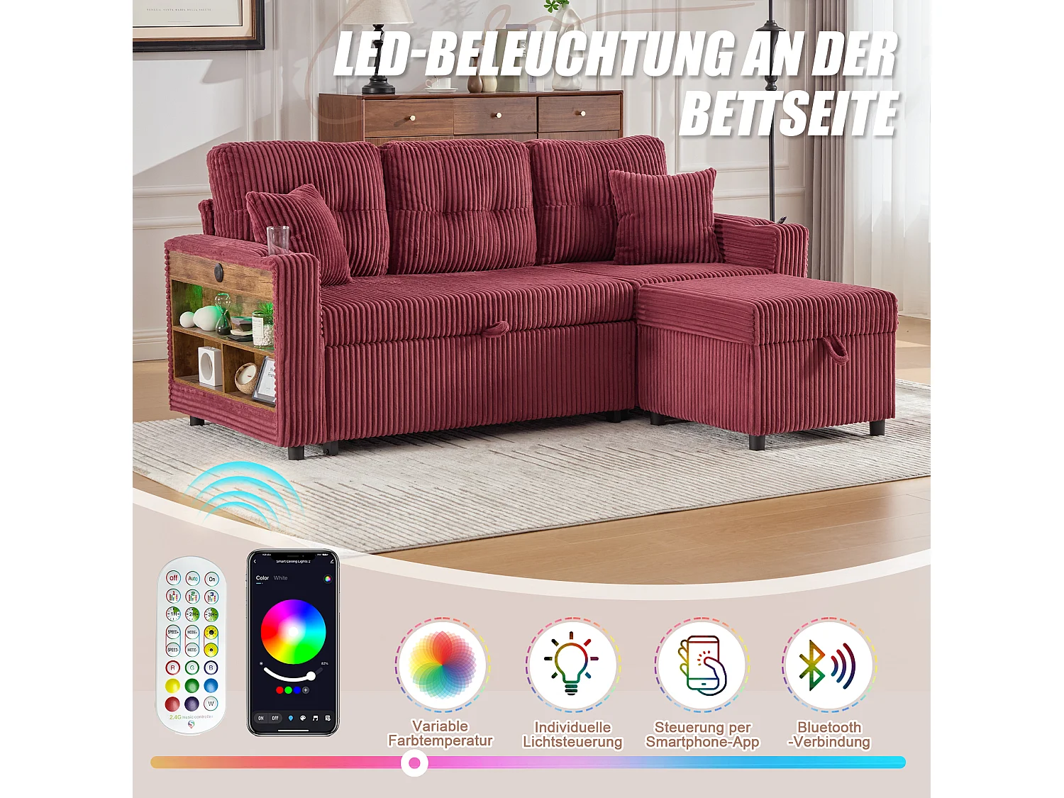 Canapé convertible 3 places - avec rangement et lit gigogne + USB + Leds + porte-gobelets - velours - rouge