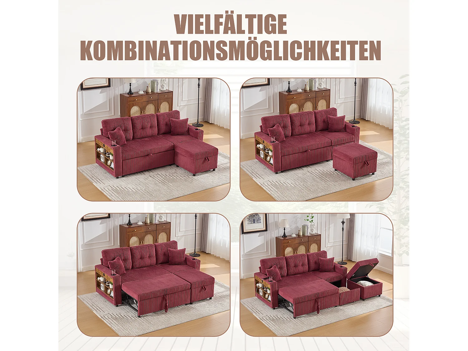 Canapé convertible 3 places - avec rangement et lit gigogne + USB + Leds + porte-gobelets - velours - rouge