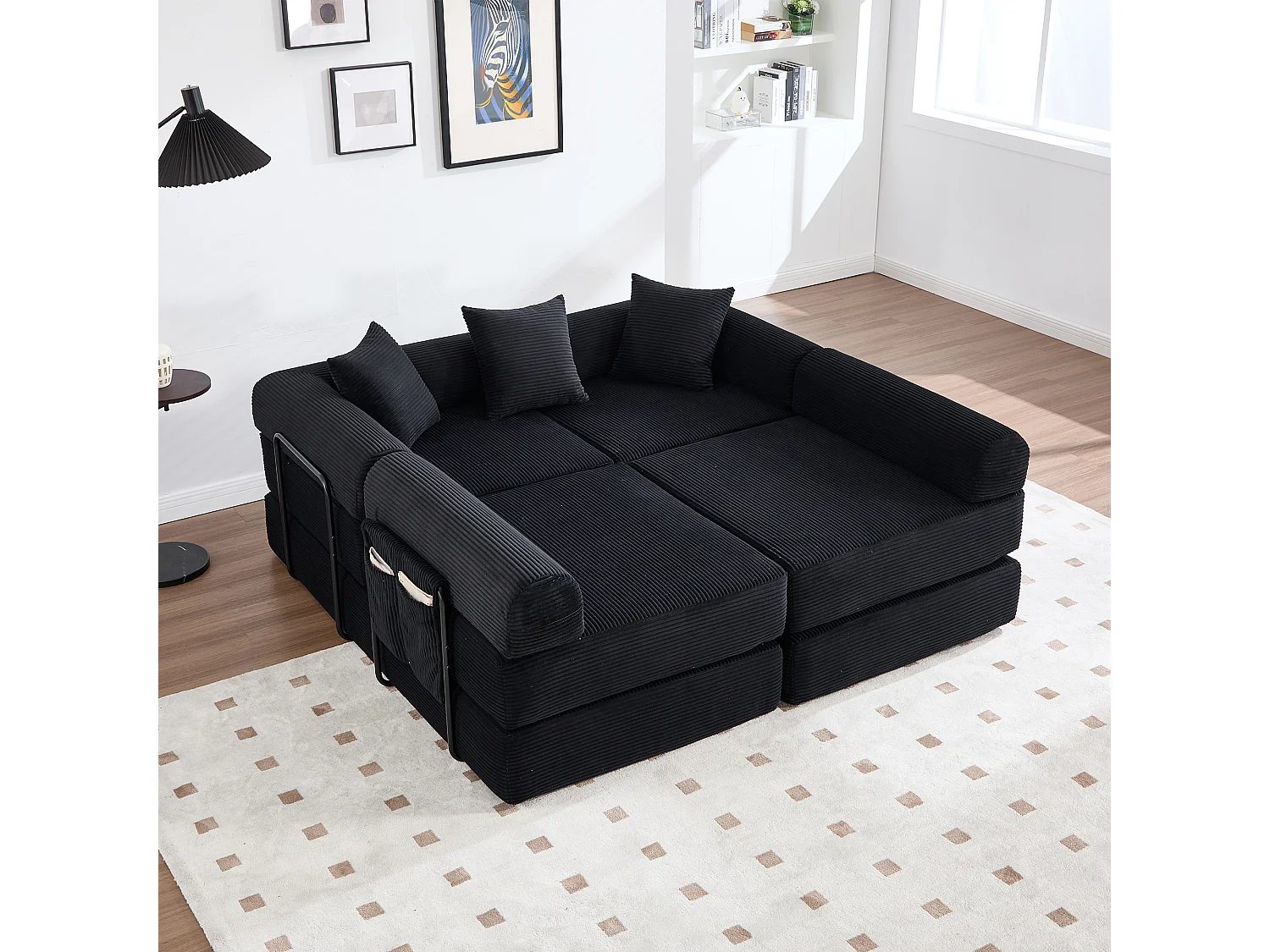 Canapé convertible 4 places - 270 x 180 x 64 cm -  modules combinables à volonté - velours - noir