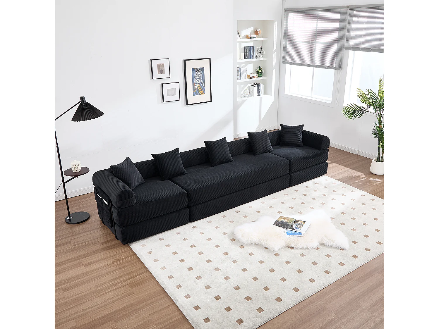 Canapé convertible 4 places - 270 x 180 x 64 cm -  modules combinables à volonté - velours - noir