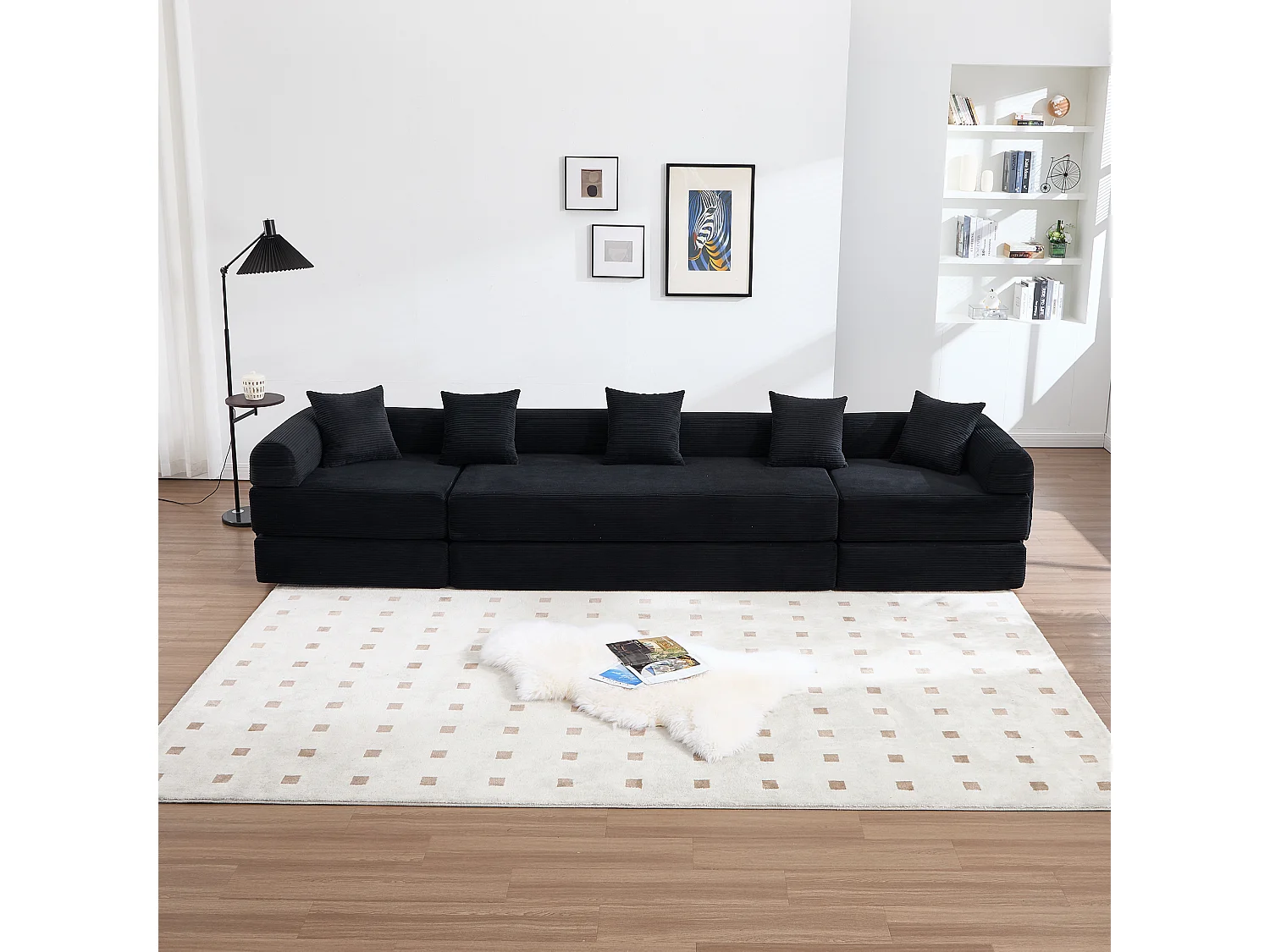 Canapé convertible 4 places - 270 x 180 x 64 cm -  modules combinables à volonté - velours - noir