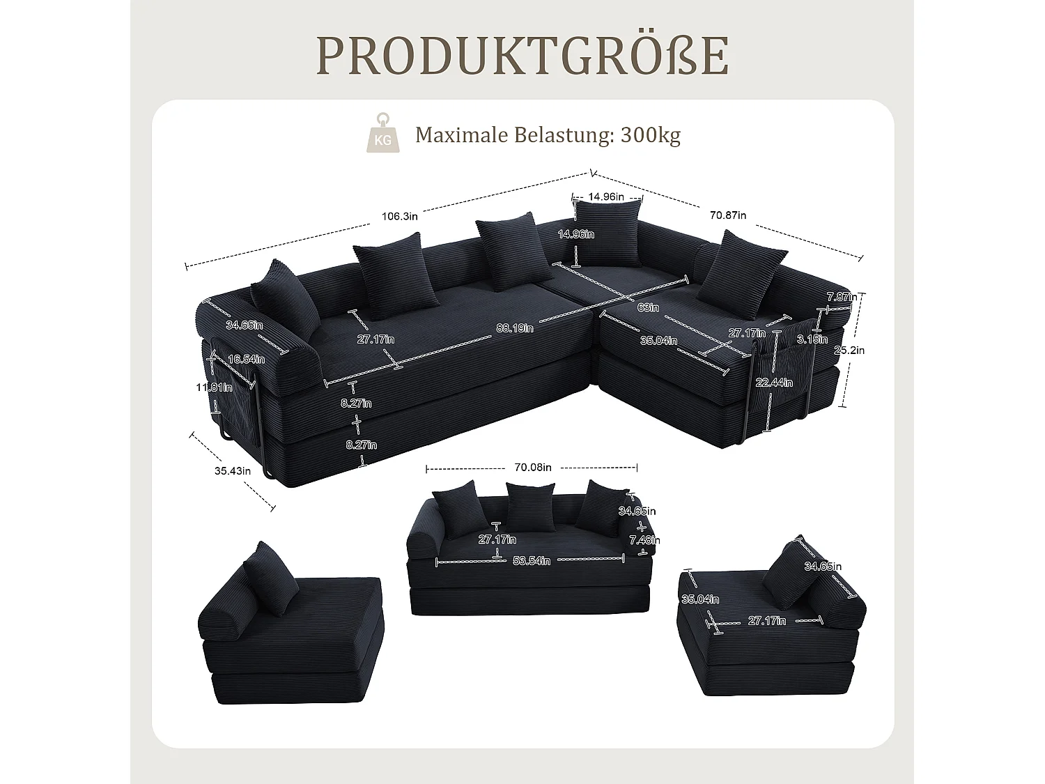 Canapé convertible 4 places - 270 x 180 x 64 cm -  modules combinables à volonté - velours - noir