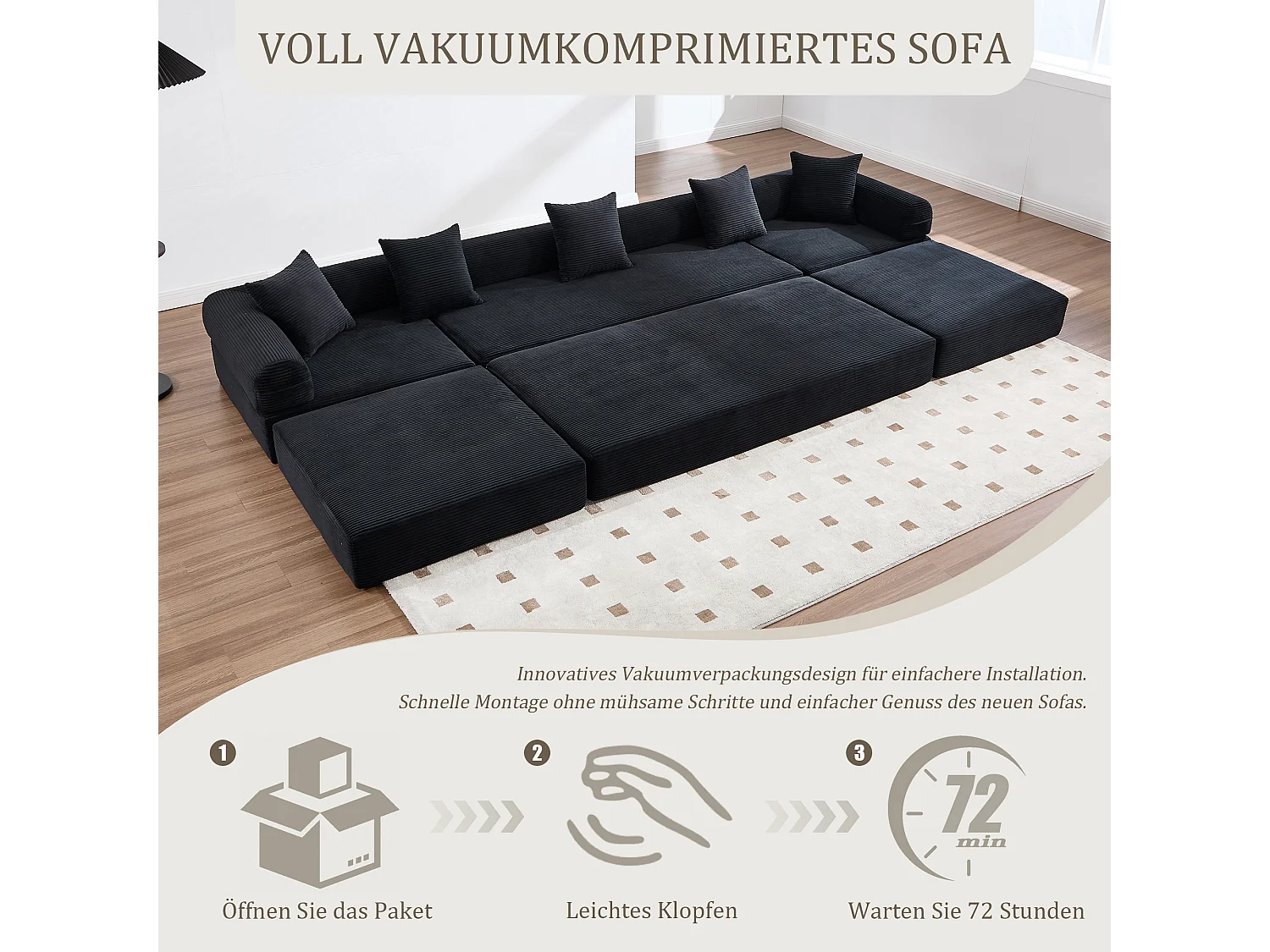 Canapé convertible 4 places - 270 x 180 x 64 cm -  modules combinables à volonté - velours - noir