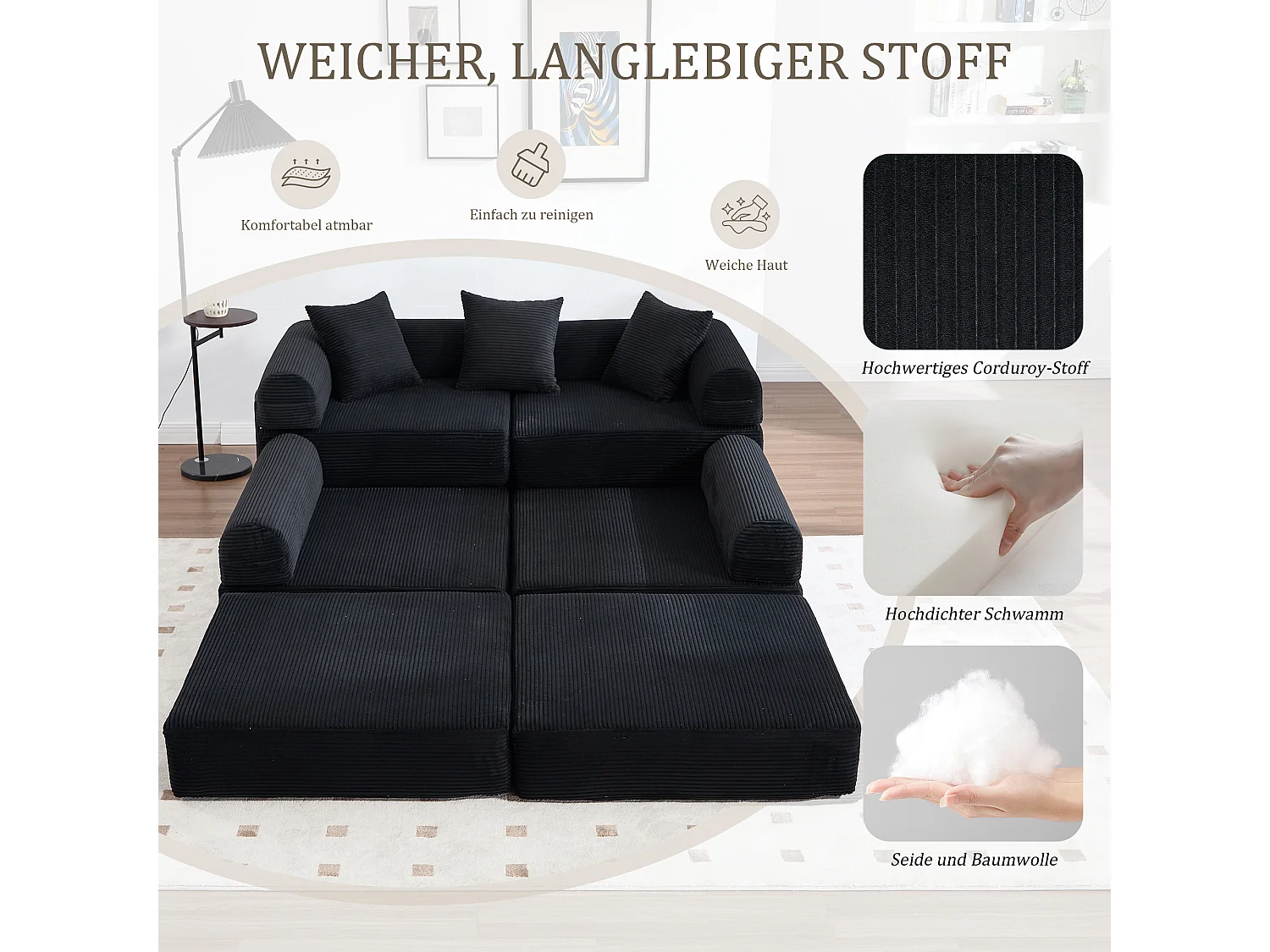 Canapé convertible 4 places - 270 x 180 x 64 cm -  modules combinables à volonté - velours - noir