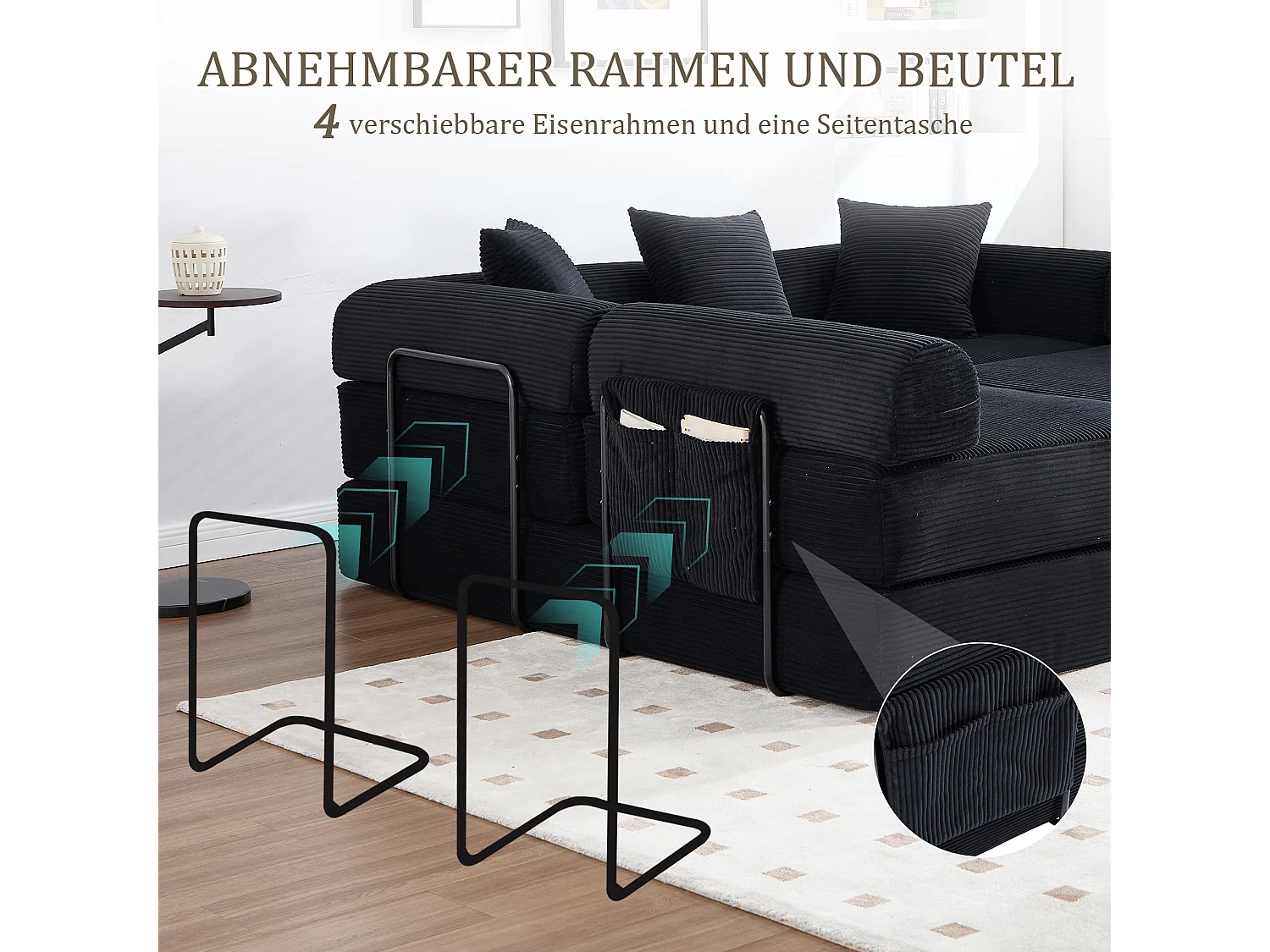 Canapé convertible 4 places - 270 x 180 x 64 cm -  modules combinables à volonté - velours - noir