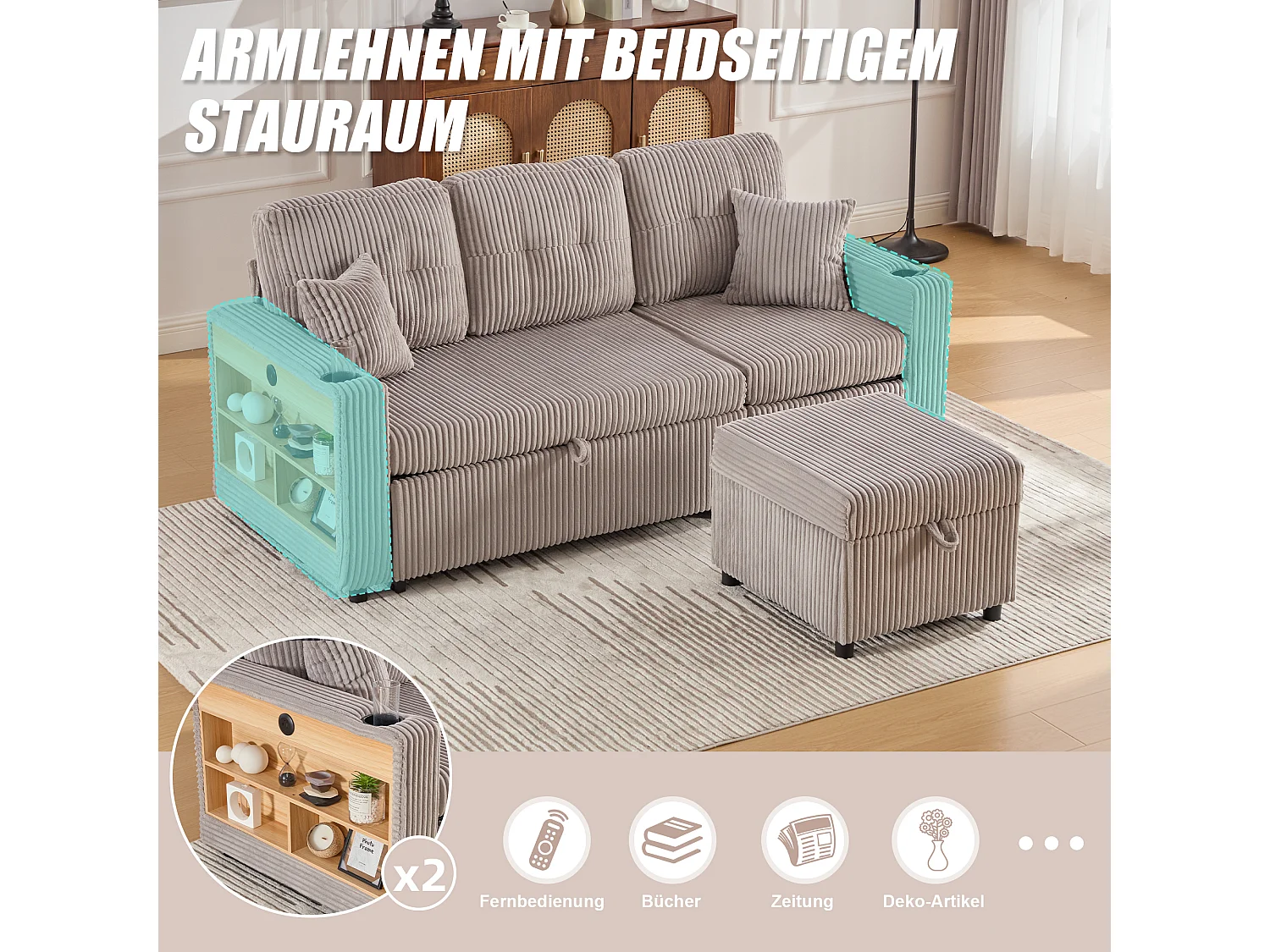 Sofá conversível de 3 lugares - com espaço de armazenamento e cama retrátil + USB + LEDs + porta-copos - veludo - cinza claro