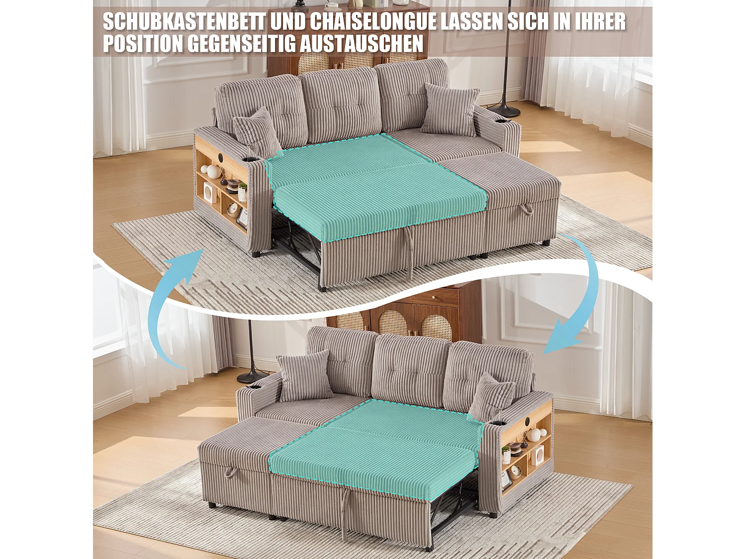 Sofá conversível de 3 lugares - com espaço de armazenamento e cama retrátil + USB + LEDs + porta-copos - veludo - cinza claro