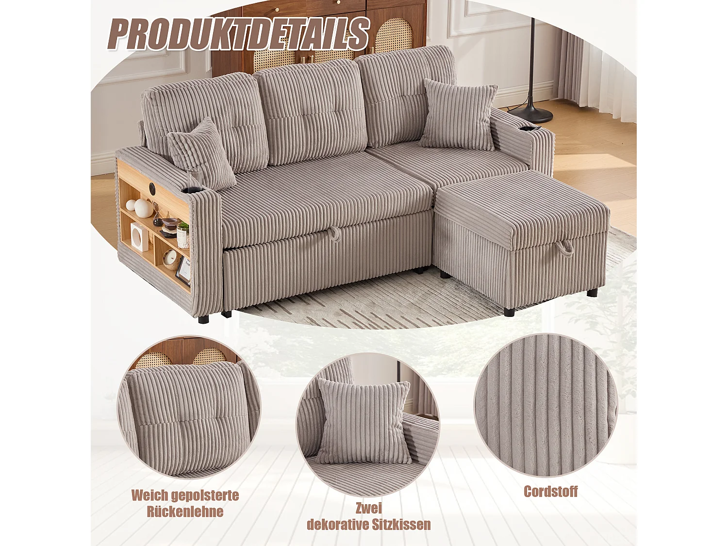 Sofá conversível de 3 lugares - com espaço de armazenamento e cama retrátil + USB + LEDs + porta-copos - veludo - cinza claro