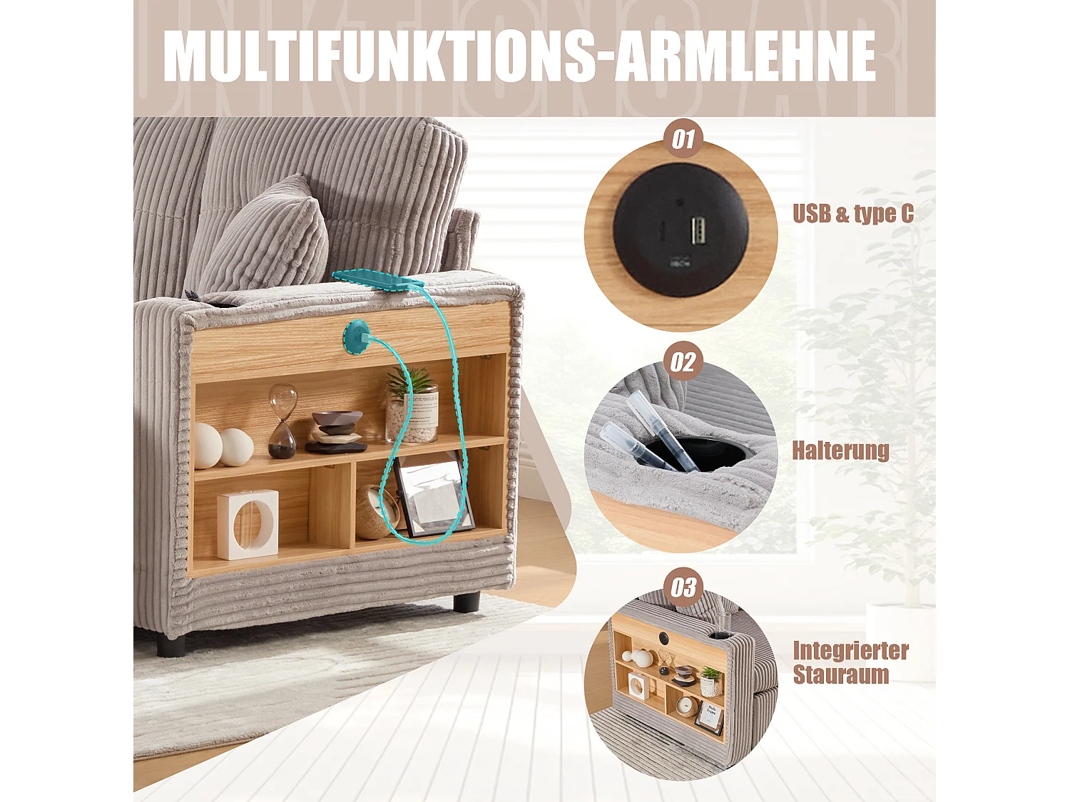 Sofá conversível de 3 lugares - com espaço de armazenamento e cama retrátil + USB + LEDs + porta-copos - veludo - cinza claro