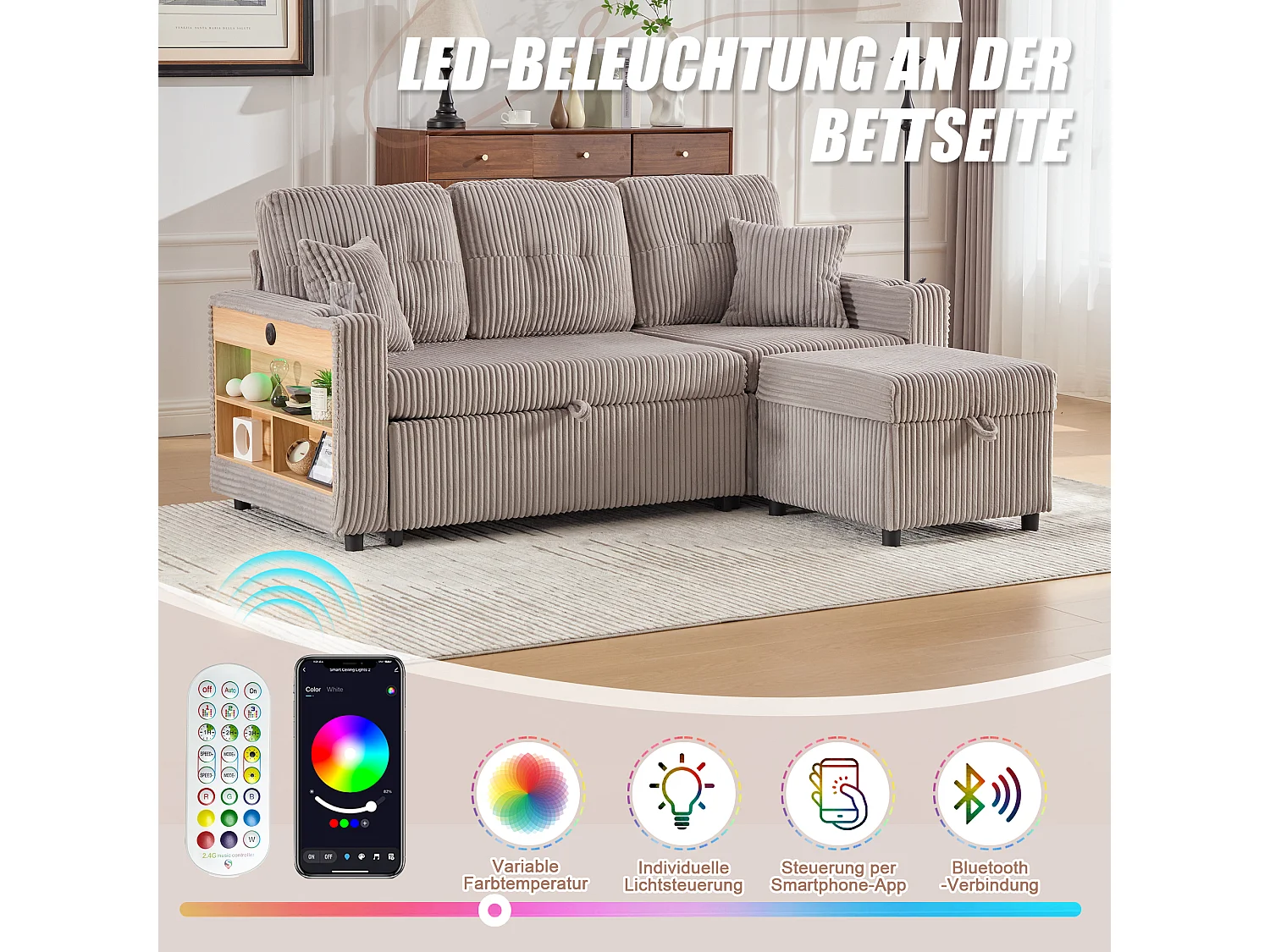 Sofá conversível de 3 lugares - com espaço de armazenamento e cama retrátil + USB + LEDs + porta-copos - veludo - cinza claro