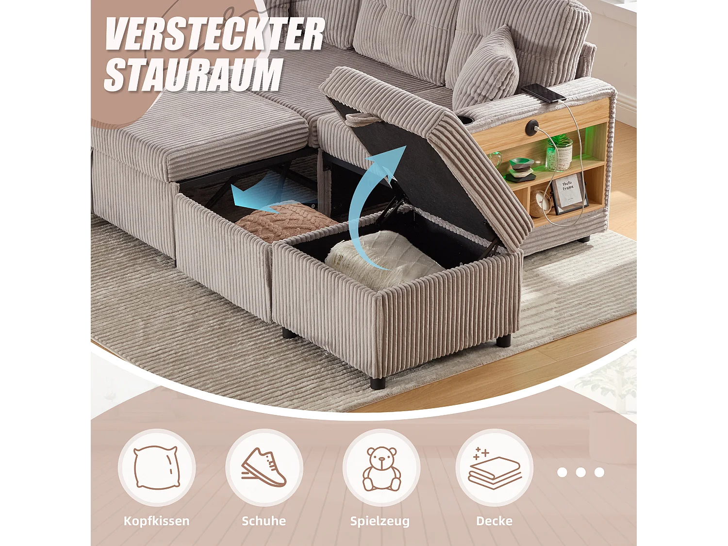 Sofá conversível de 3 lugares - com espaço de armazenamento e cama retrátil + USB + LEDs + porta-copos - veludo - cinza claro