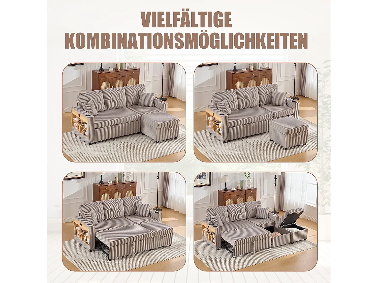 Canapé convertible 3 places - avec rangement et lit gigogne + USB + Leds + porte-gobelets - velours - gris clair