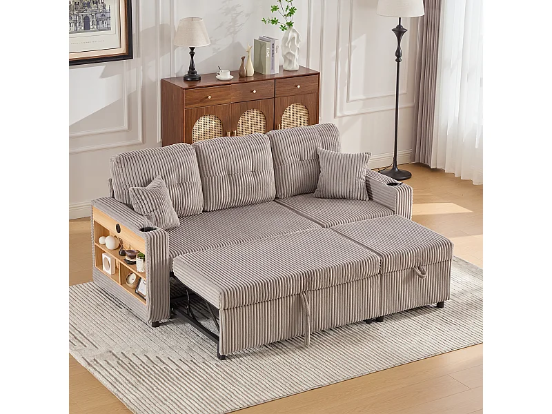 Canapé convertible 3 places - avec rangement et lit gigogne + USB + Leds + porte-gobelets - velours - gris clair