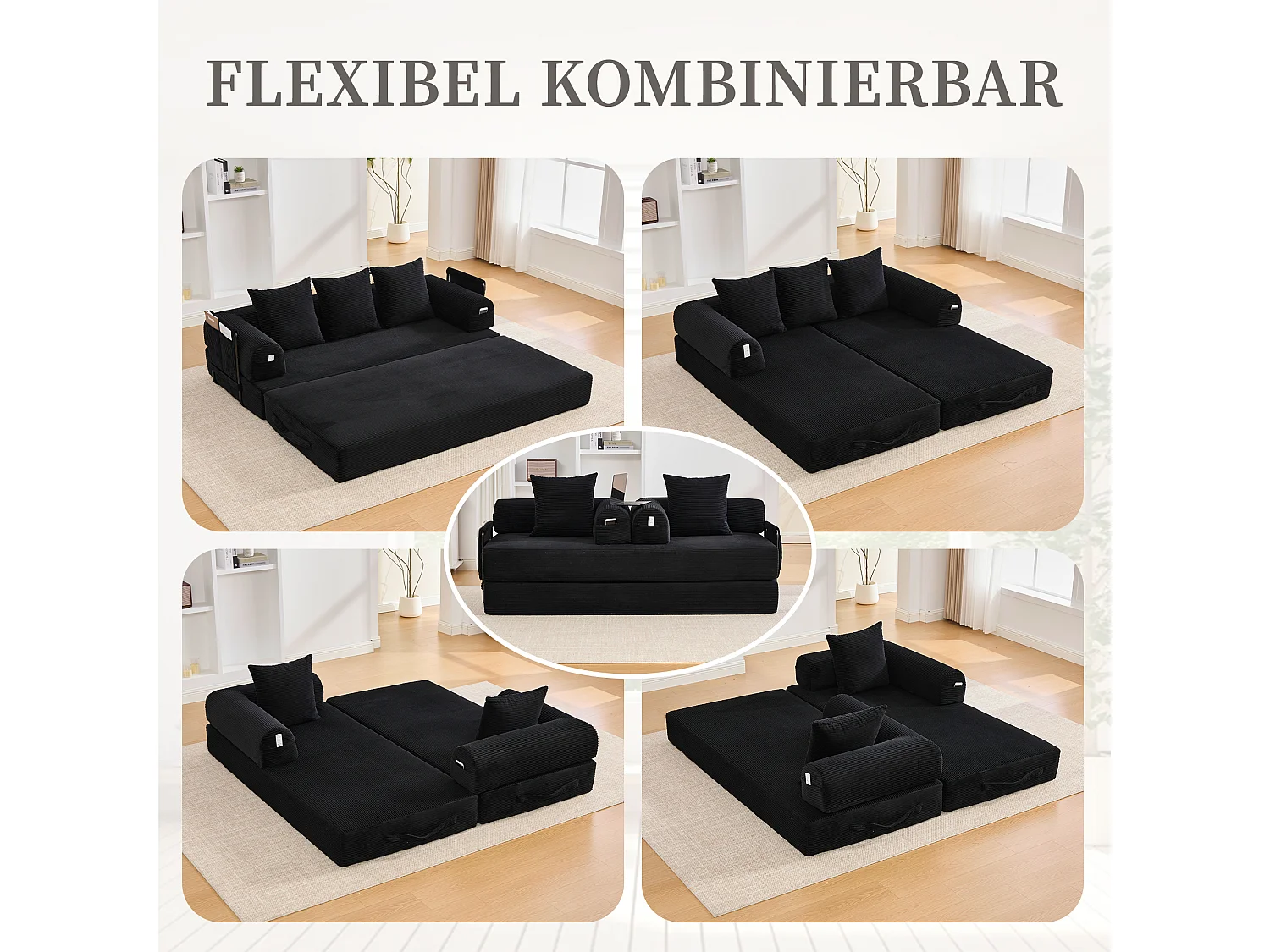 Canapé convertible 3 places - 200 x 94 x 67 cm - avec poches latérales + 3 coussins - velours - noir