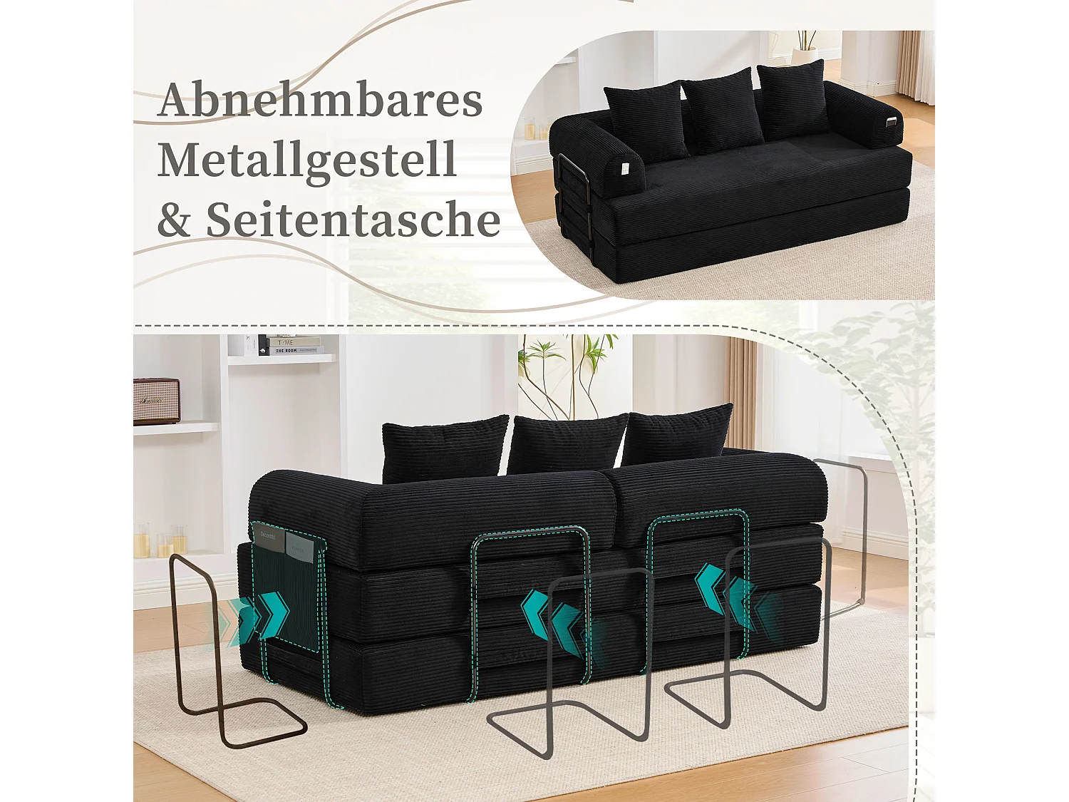 Canapé convertible 3 places - 200 x 94 x 67 cm - avec poches latérales + 3 coussins - velours - noir